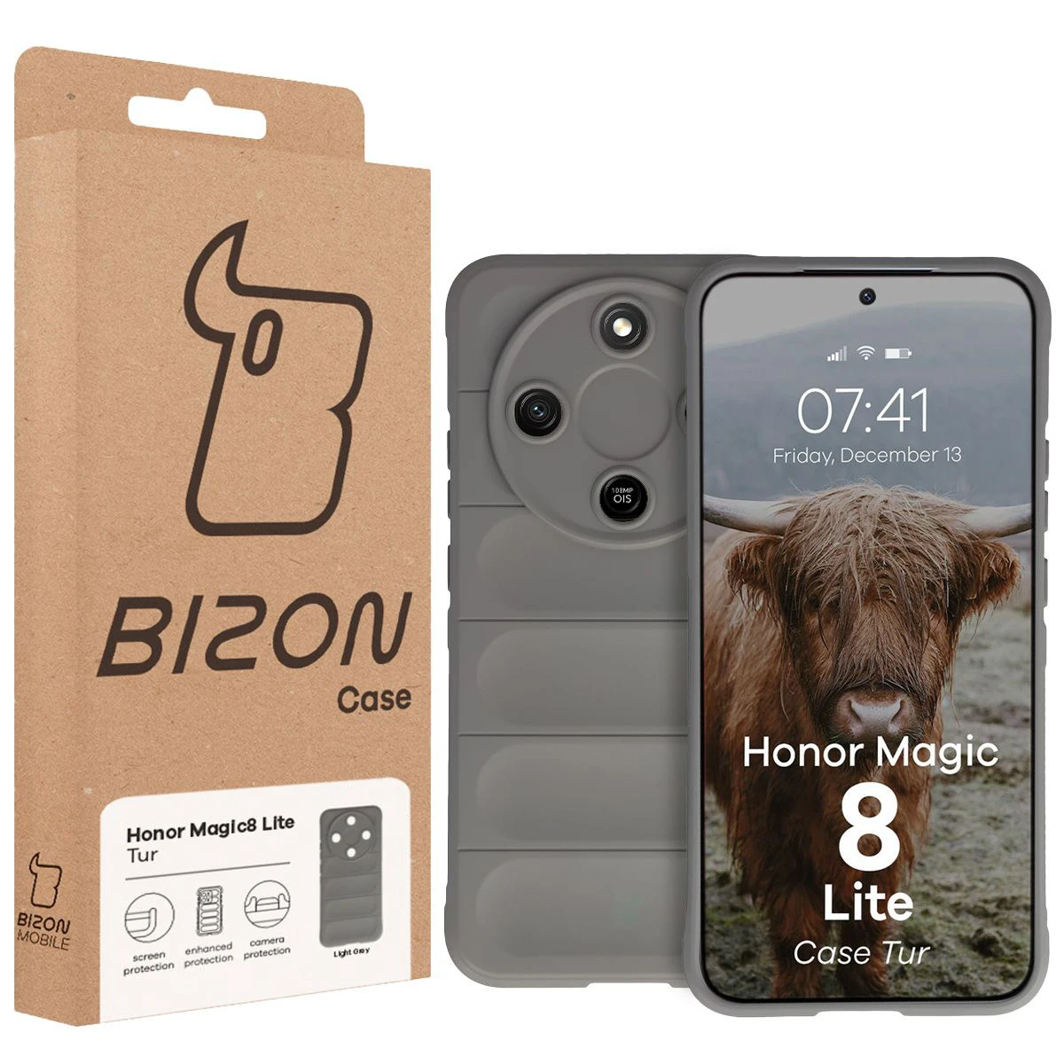 Przód pudełka Bizon Case z dedykowaną etykietą do Honor Magic8 Lite