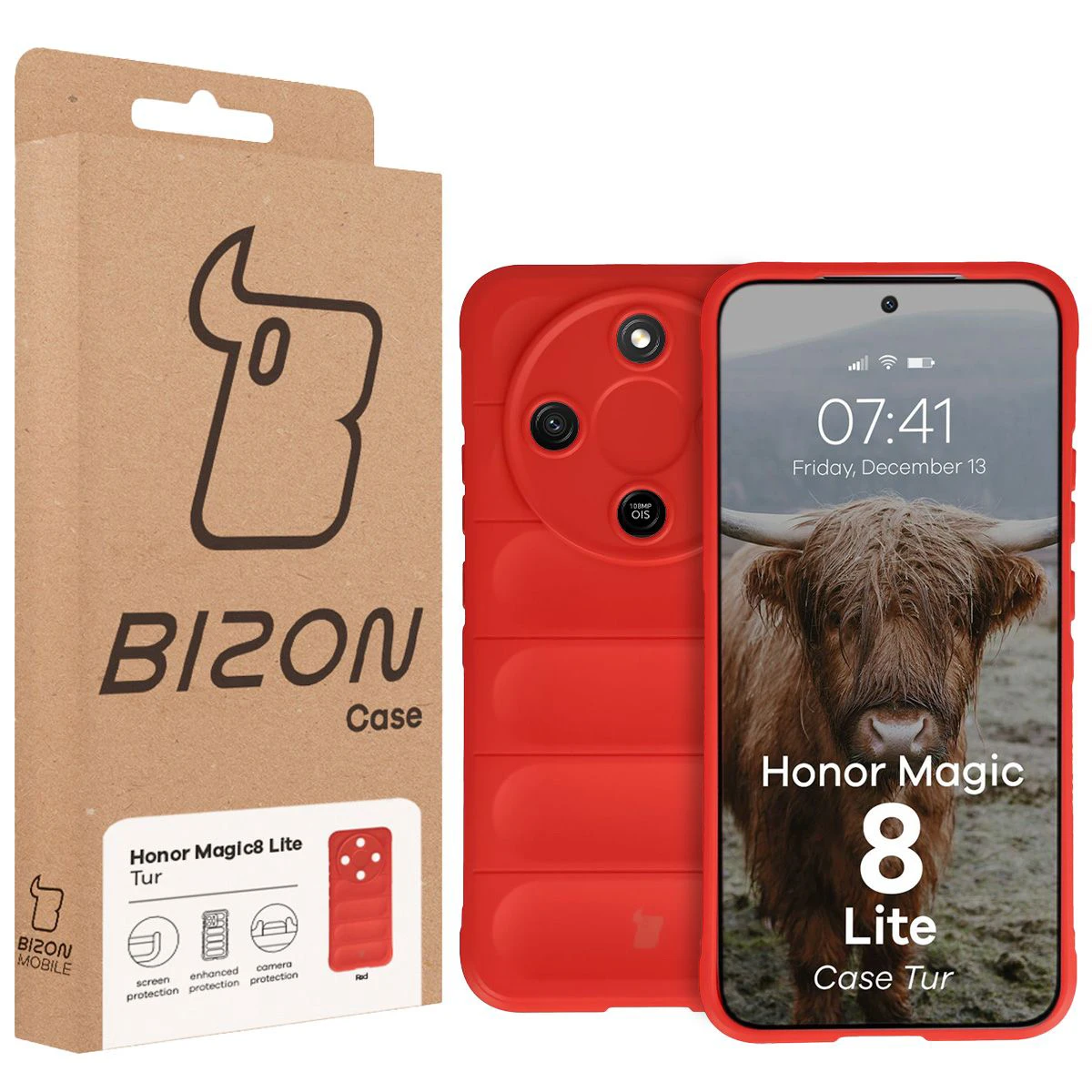Przód pudełka Bizon Case z dedykowaną etykietą do Honor Magic8 Lite