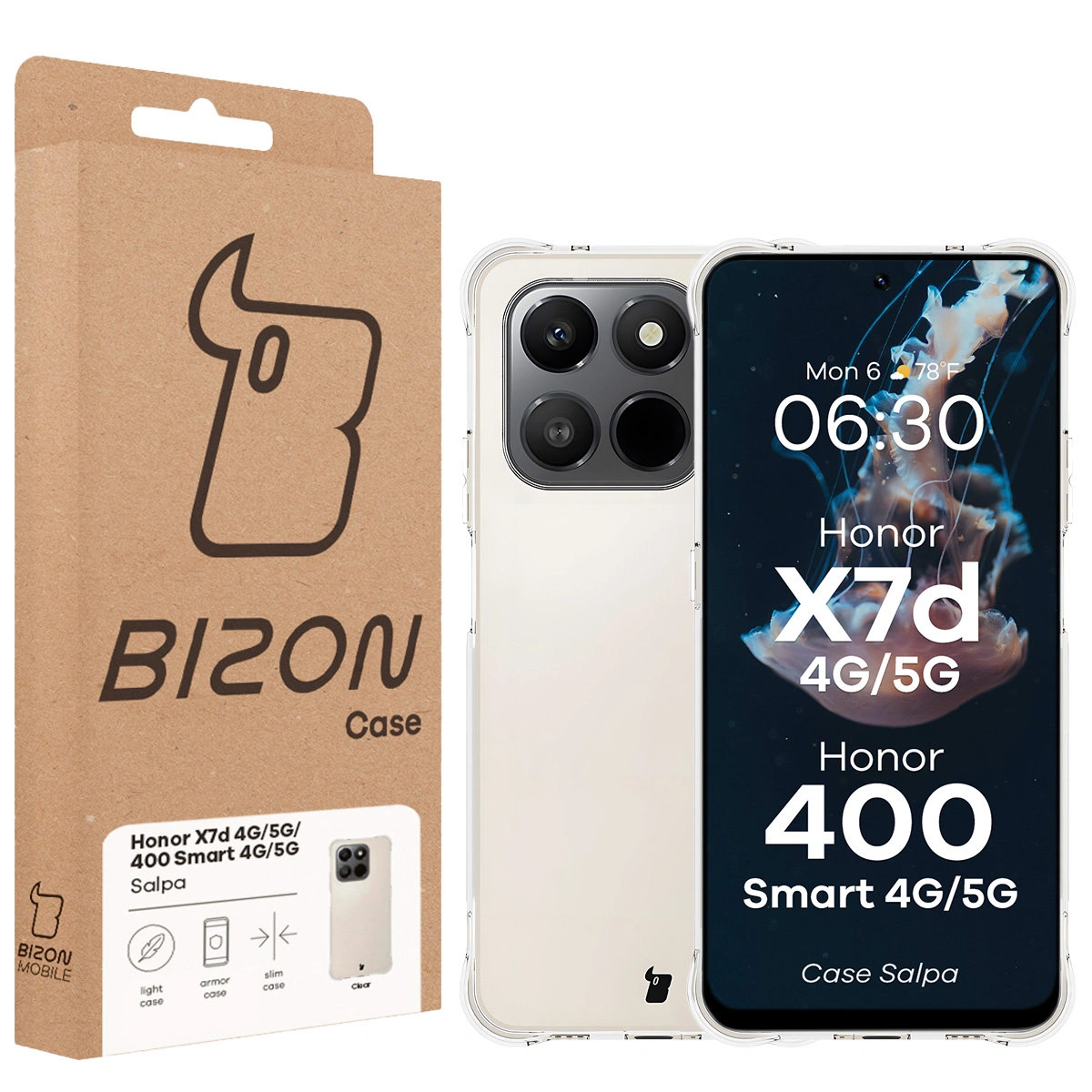 Przód pudełka Bizon Case z dedykowaną etykietą do Honor X7d 4G/5G / Honor 400 Smart 4G/5G