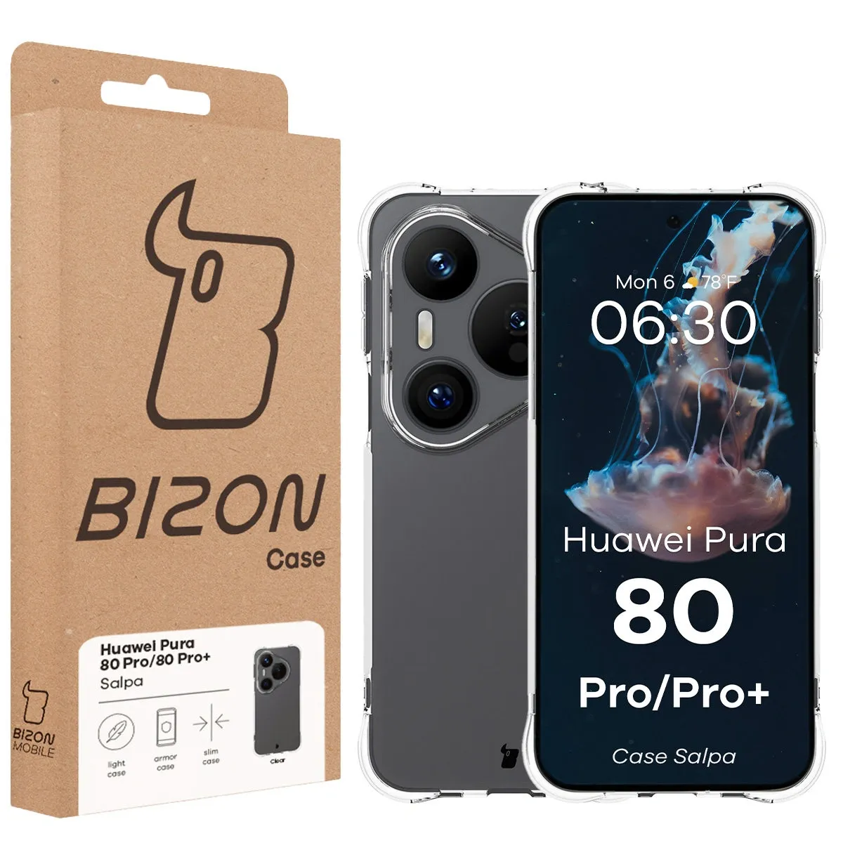 Przód pudełka Bizon Case z dedykowaną etykietą do Huawei Pura 80 Pro / Huawei Pura 80 Pro Plus