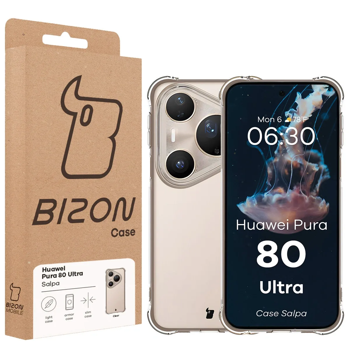 Przód pudełka Bizon Case z dedykowaną etykietą do Huawei Pura 80 Ultra