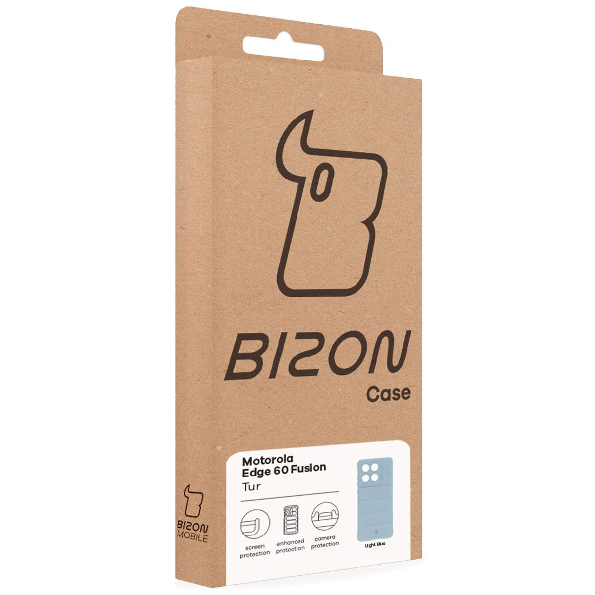 Přední strana balení Bizon Case s dedikovanou etiketou pro Motorola Edge 60 Fusion