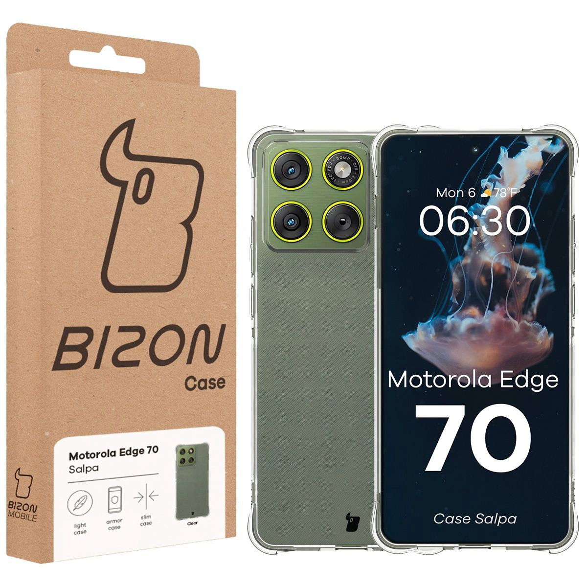 Przód pudełka Bizon Case z dedykowaną etykietą do Motorola Edge 70
