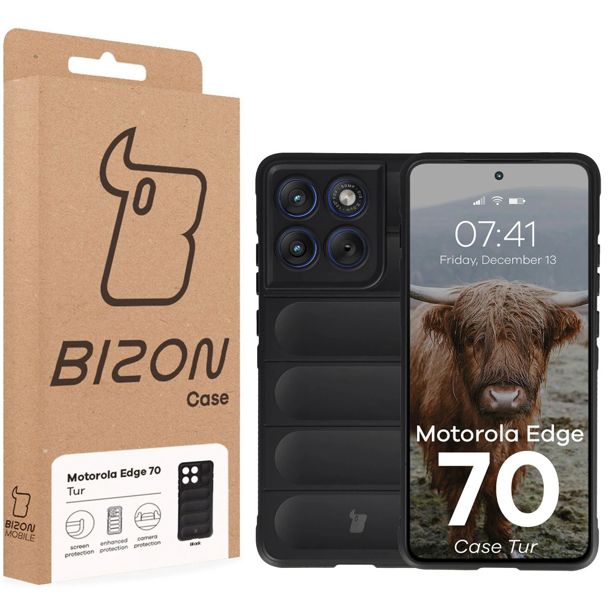 Przód pudełka Bizon Case z dedykowaną etykietą do Motorola Edge 70