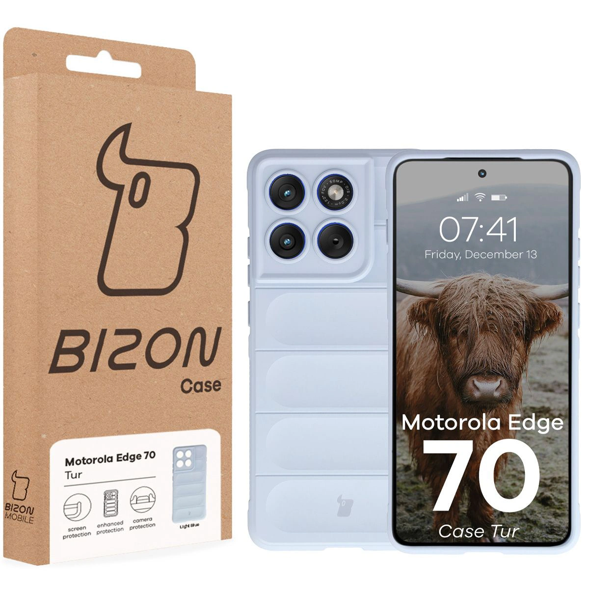 Przód pudełka Bizon Case z dedykowaną etykietą do Motorola Edge 70