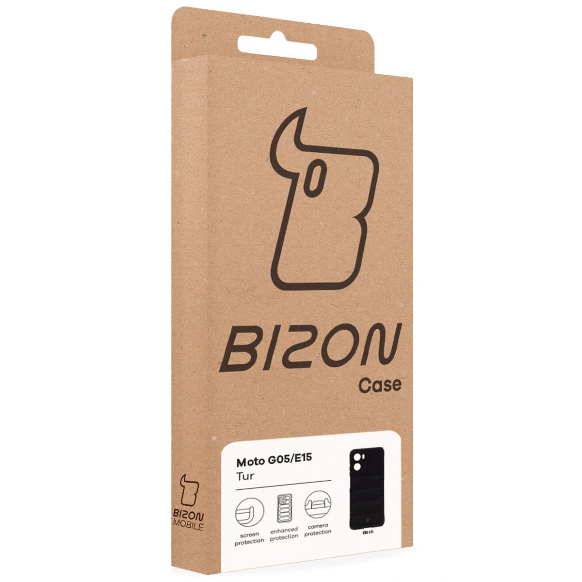 Przód pudełka Bizon Case z dedykowaną etykietą do Motorola Moto G05 / Motorola Moto E15