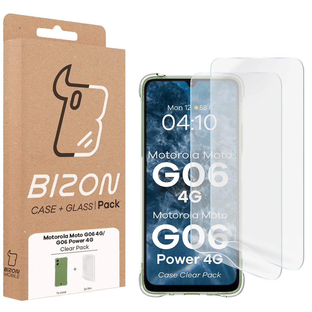 Przód pudełka Bizon Case+Glass z dedykowaną etykietą do Motorola Moto G06 4G / Motorola Moto G06 Power 4G