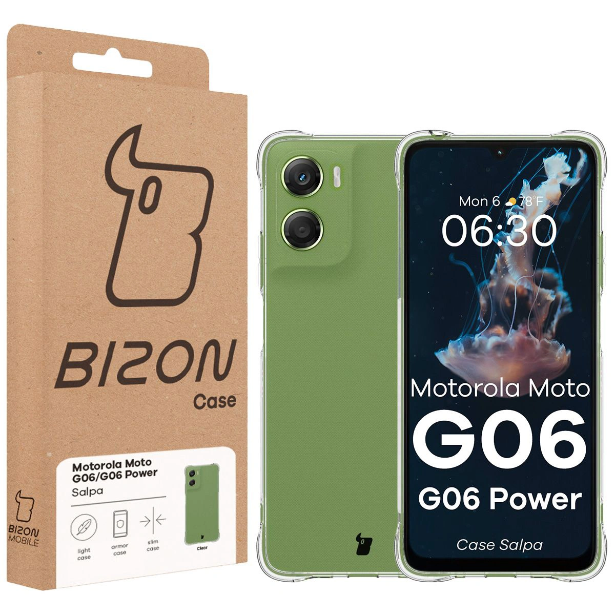 Przód pudełka Bizon Case z dedykowaną etykietą do Motorola Moto G06 4G / Motorola Moto G06 Power 4G