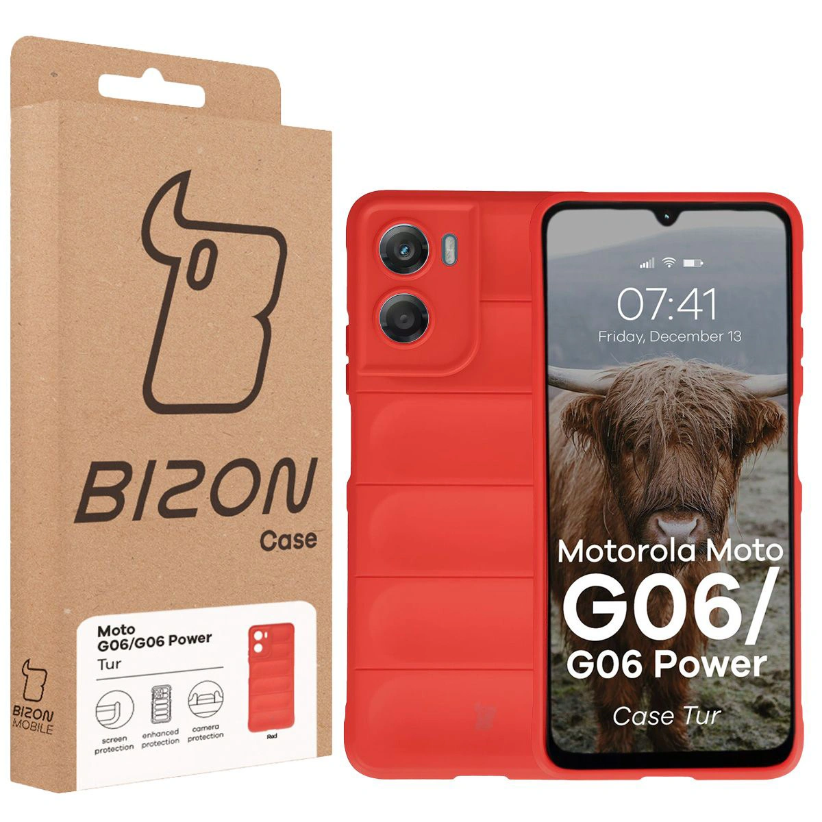 Przód pudełka Bizon Case z dedykowaną etykietą do Motorola Moto G06 4G / Motorola Moto G06 Power 4G