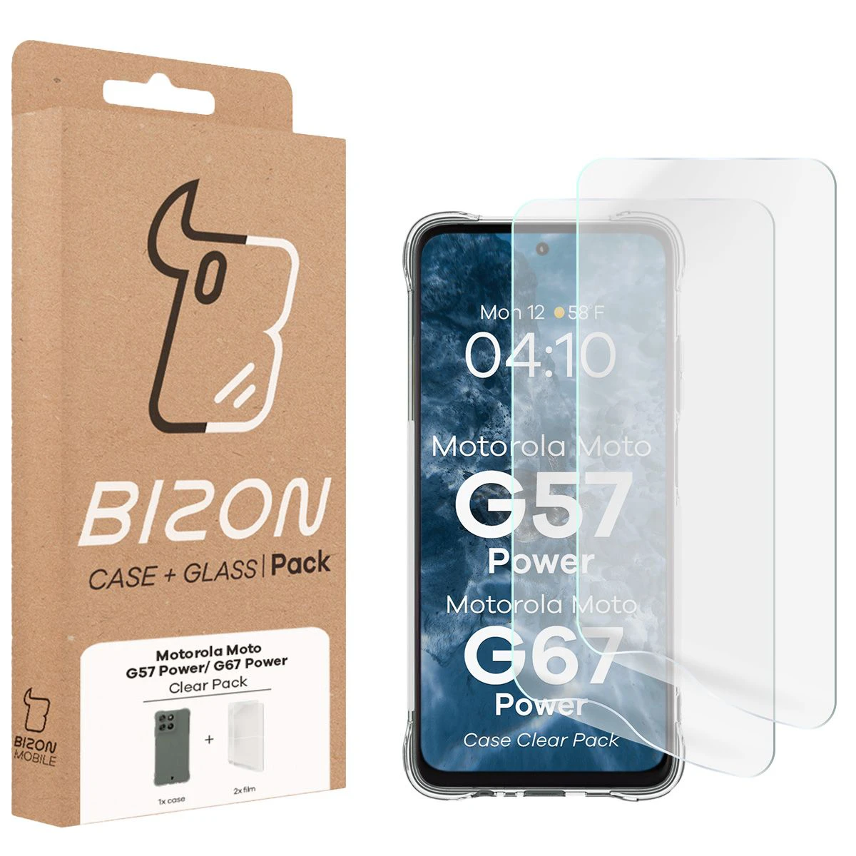 Przód pudełka Bizon Case+Glass z dedykowaną etykietą do Motorola Moto G57 Power / Motorola Moto G67 Power