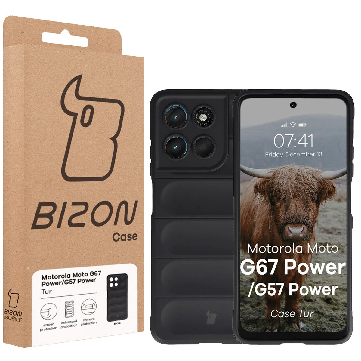 Przód pudełka Bizon Case z dedykowaną etykietą do  Motorola Moto G57 Power / Motorola Moto G67 Power