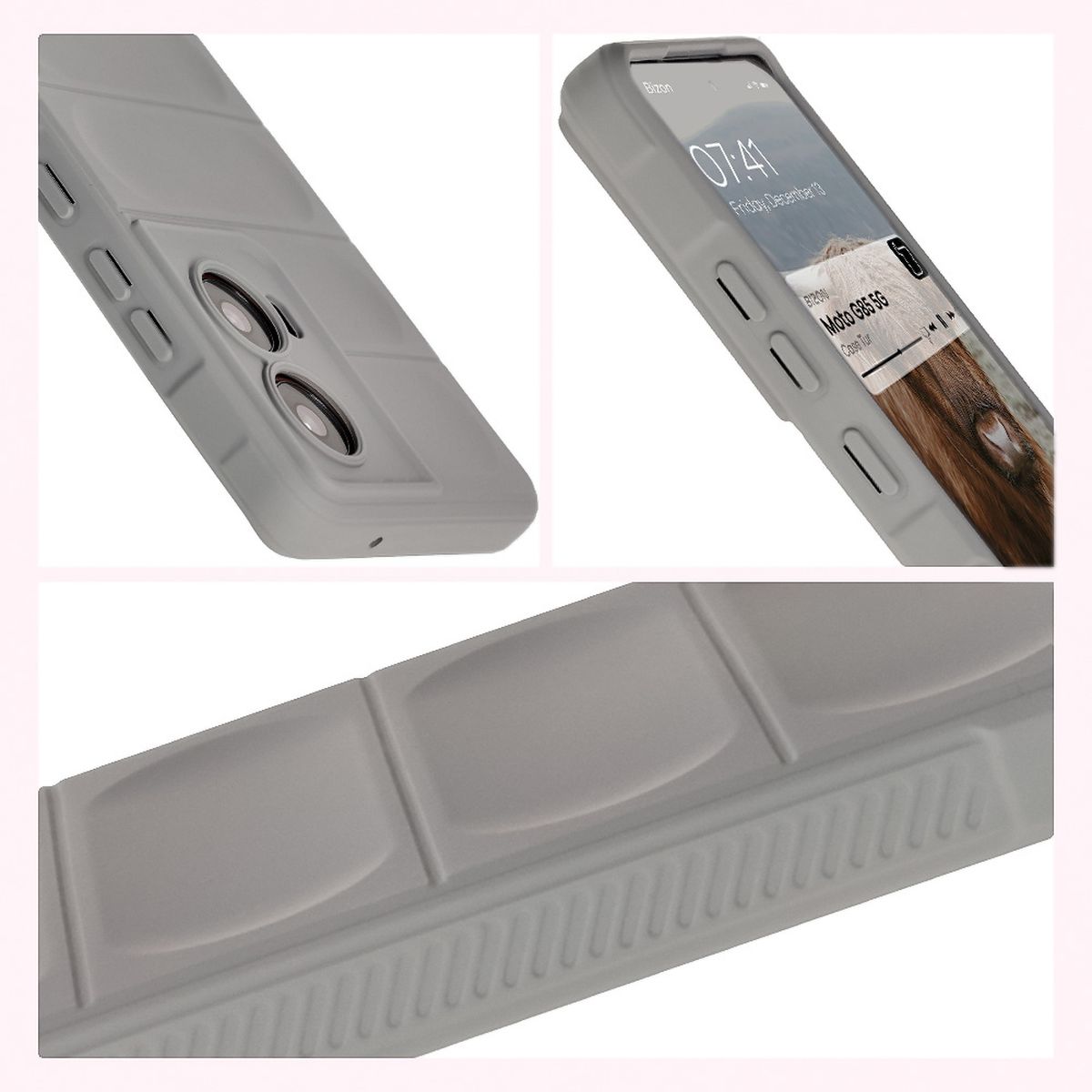 Teksturowane boki i podwyższone krawędzie ekranu i aparatu w etui Bizon Case Tur