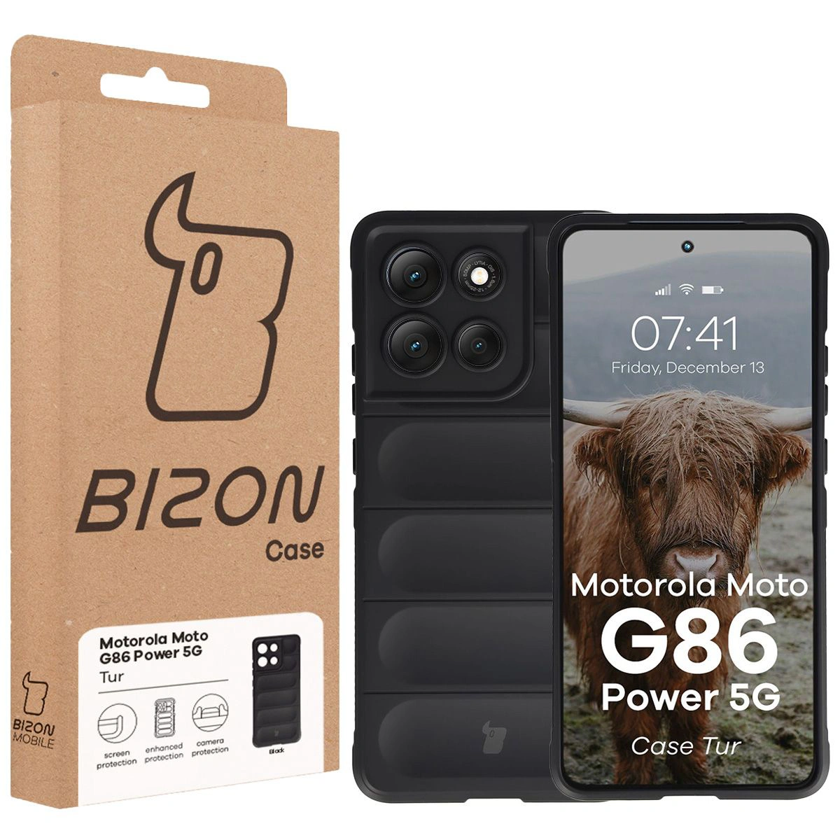 Przód pudełka Bizon Case z dedykowaną etykietą do Motorola Moto G86 Power 5G