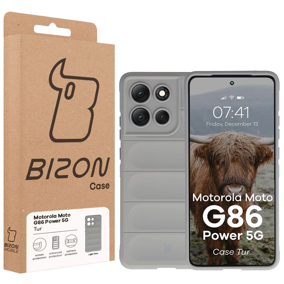 Przód pudełka Bizon Case z dedykowaną etykietą do Motorola Moto G86 Power 5G