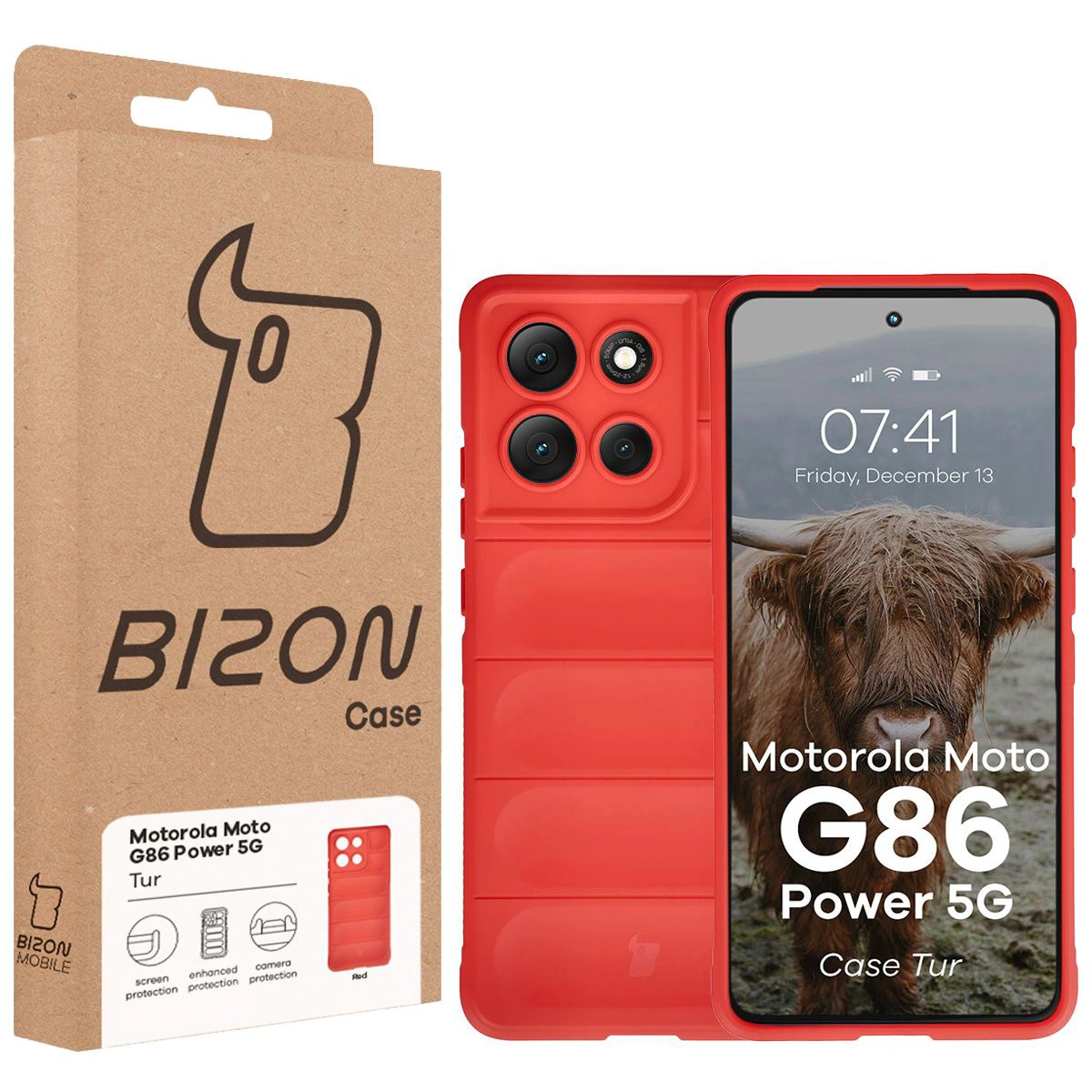 Przód pudełka Bizon Case z dedykowaną etykietą do Motorola Moto G86 Power 5G