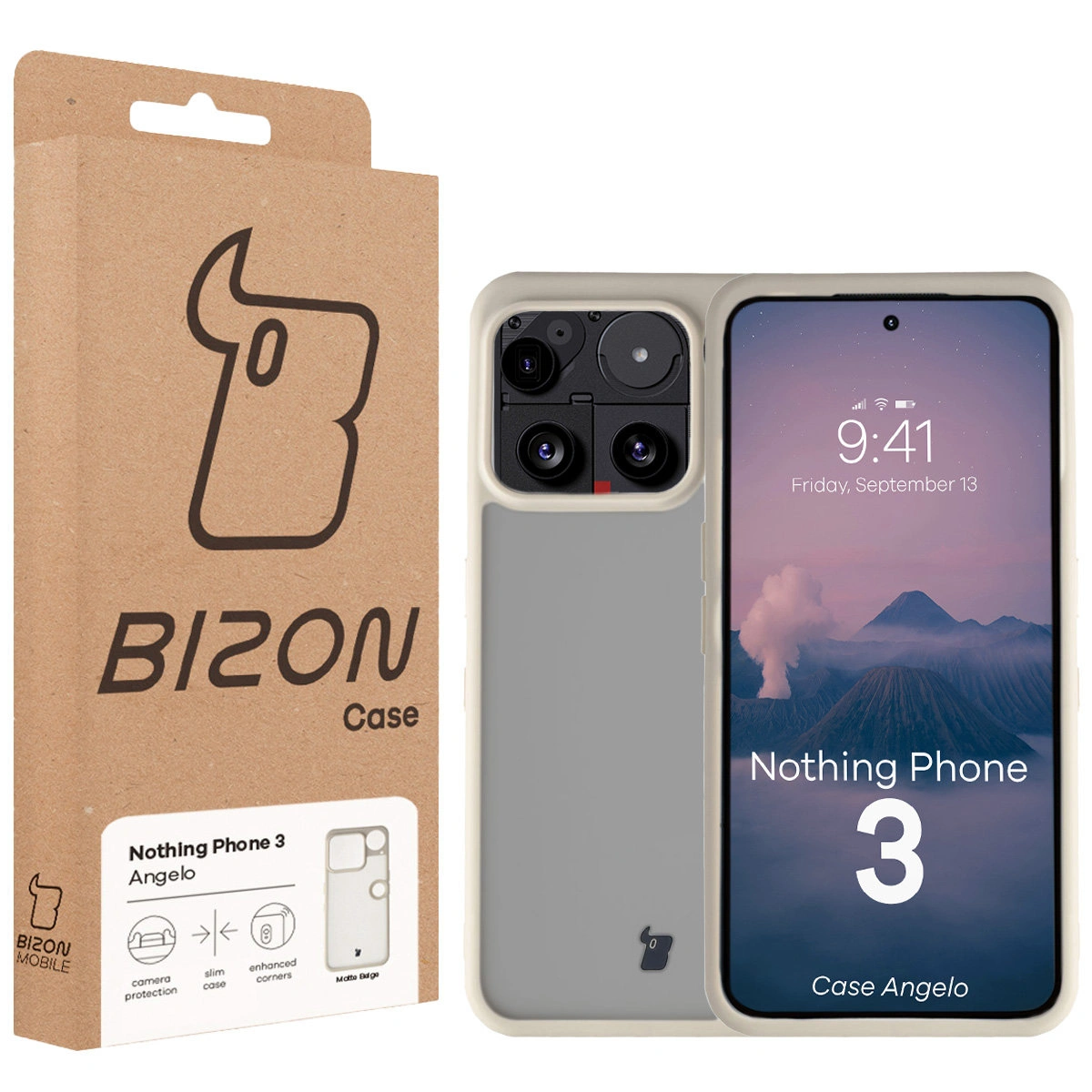 Przód pudełka Bizon Case z dedykowaną etykietą do Nothing Phone (3)