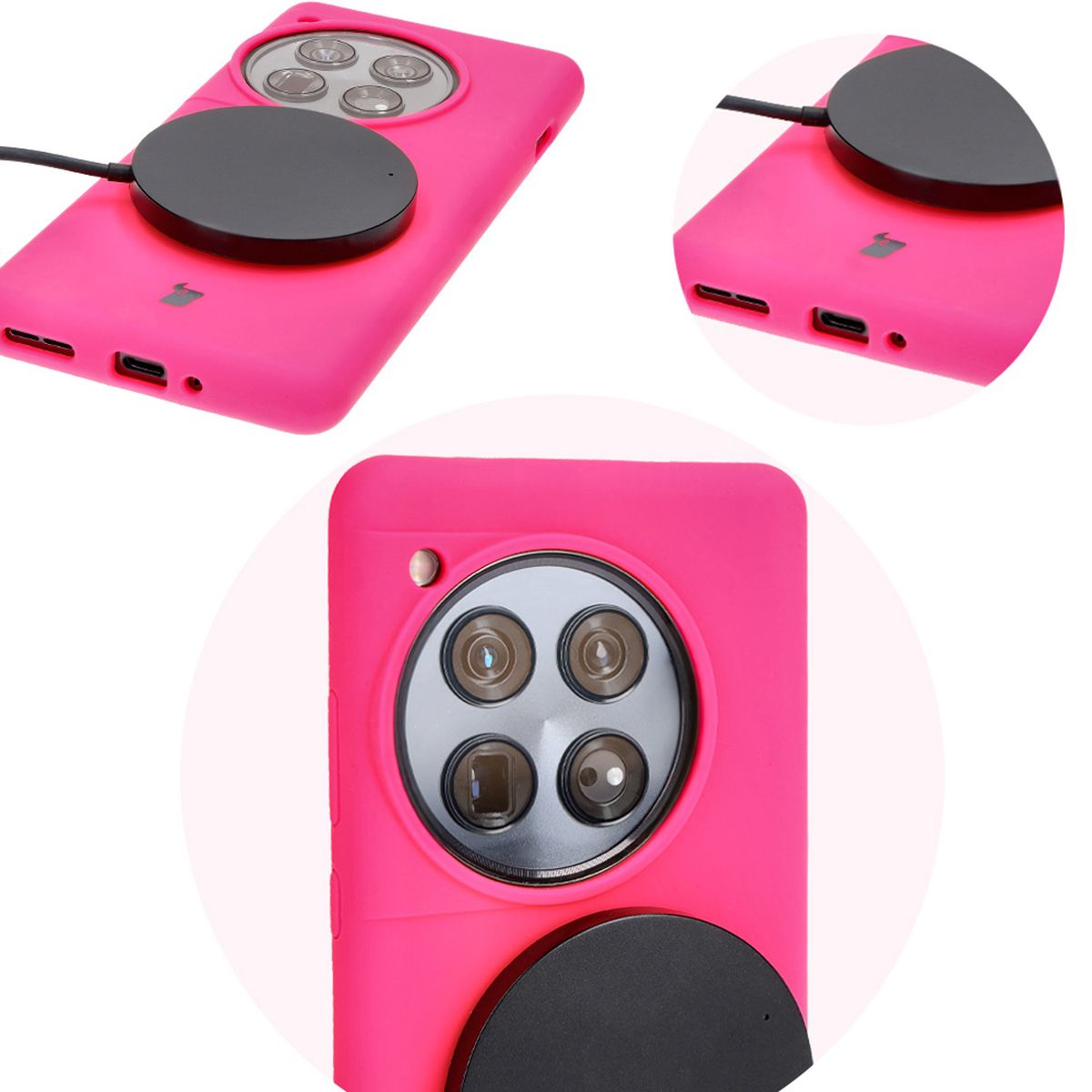 Zbliżenie na precyzyjne wycięcia i możliwość ładowania indukcyjnego w etui Bizon Soft Case