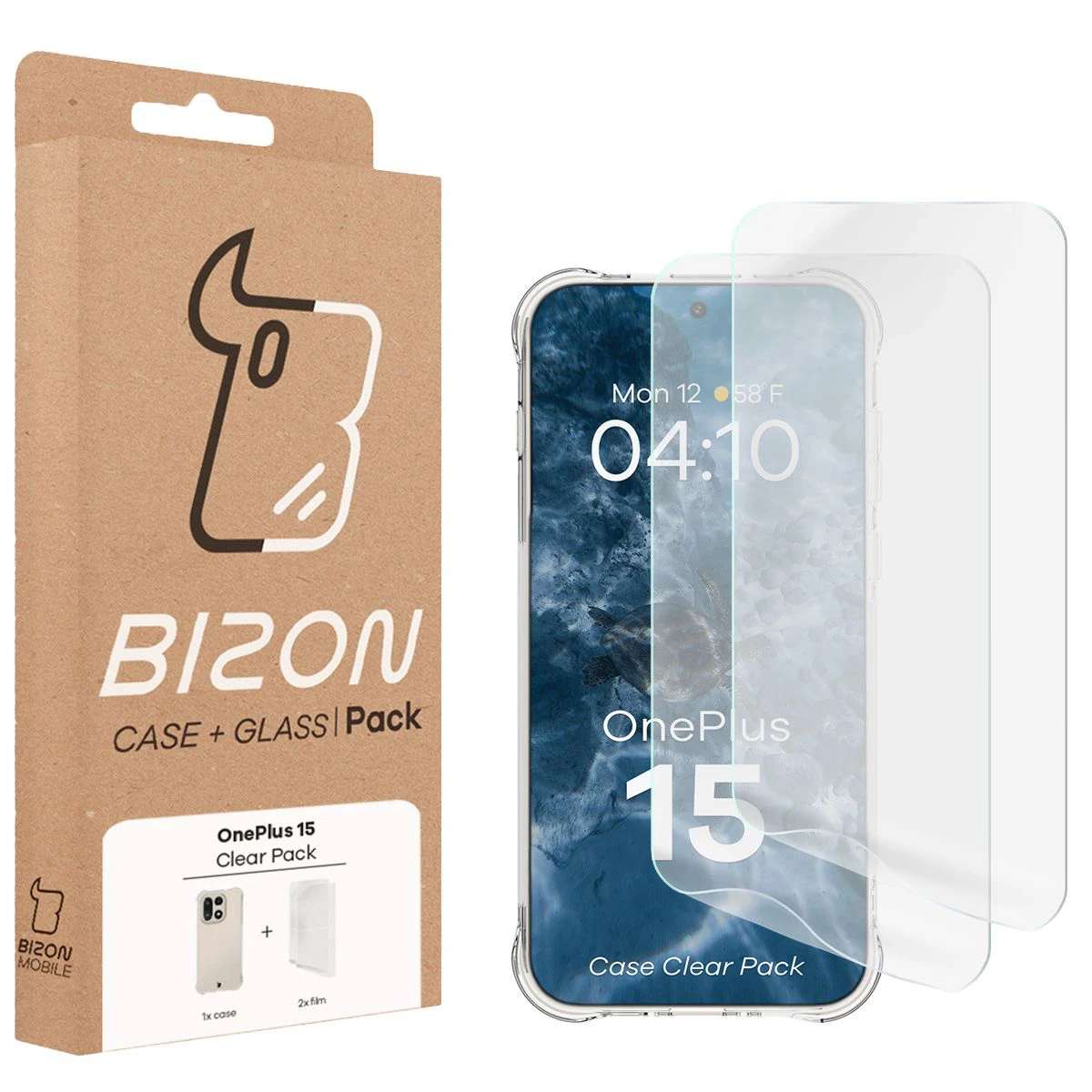 Przód pudełka Bizon Case+Glass z dedykowaną etykietą do OnePlus 15
