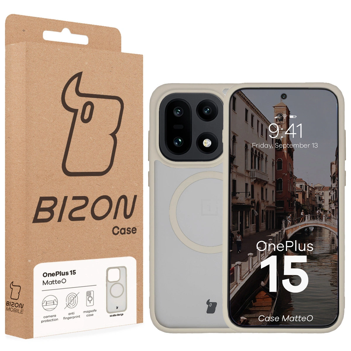 Przód pudełka Bizon Case z dedykowaną etykietą do OnePlus 15