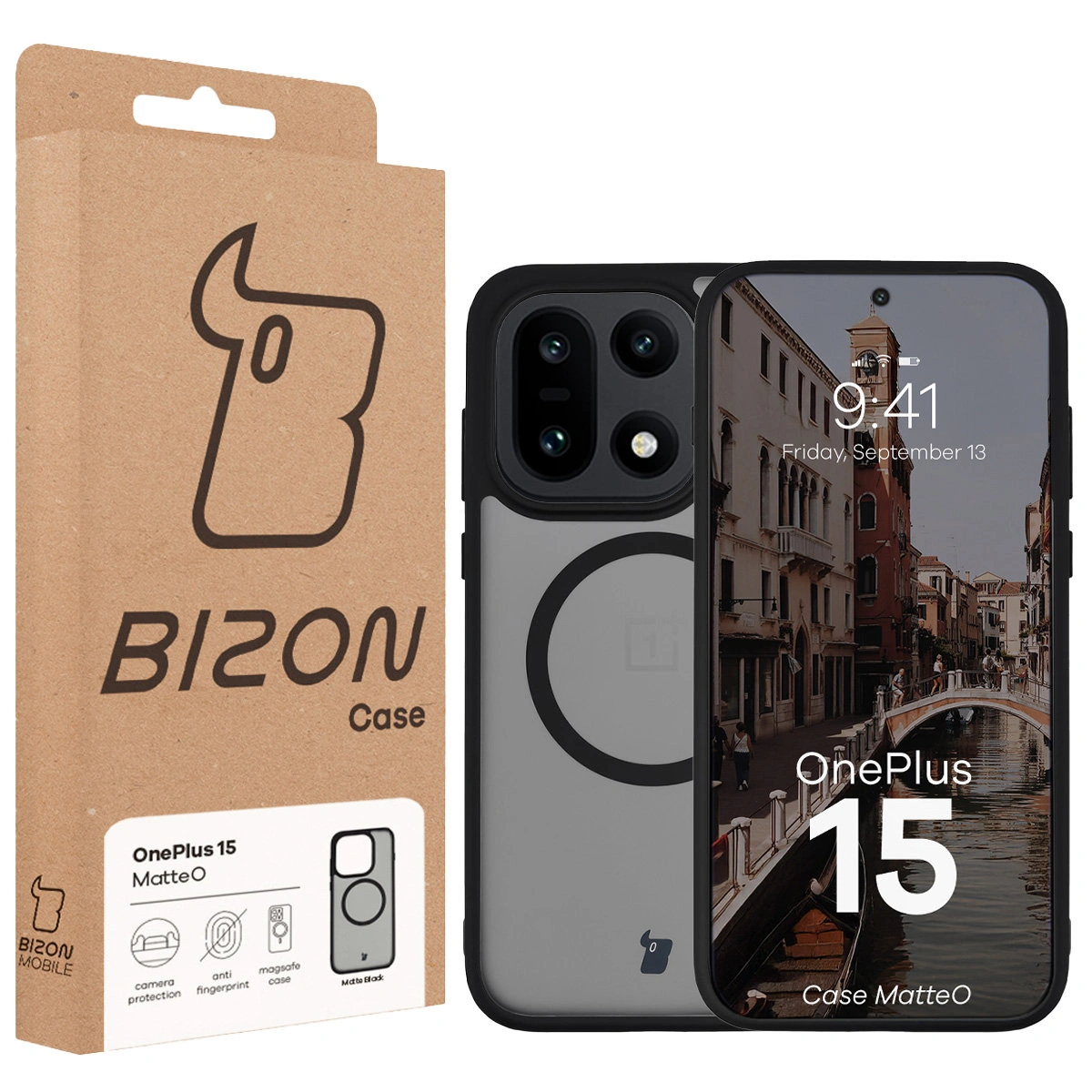 Przód pudełka Bizon Case z dedykowaną etykietą do OnePlus 15