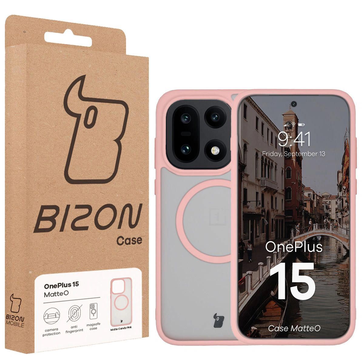 Przód pudełka Bizon Case z dedykowaną etykietą do OnePlus 15