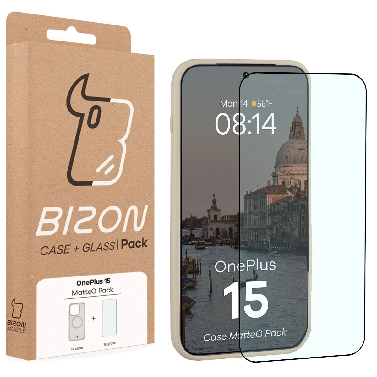 Przód pudełka Bizon Case Matteo Pack z dedykowaną etykietą do OnePlus 15