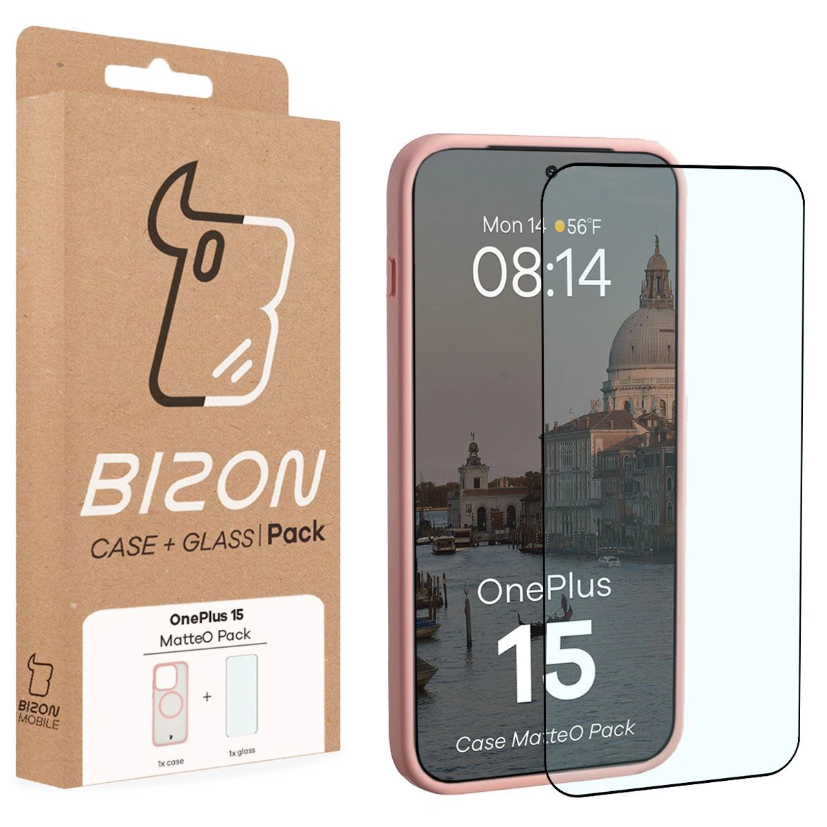 Przód pudełka Bizon Case Matteo Pack z dedykowaną etykietą do OnePlus 15