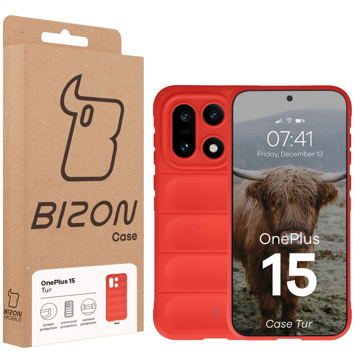 Przód pudełka Bizon Case z dedykowaną etykietą do OnePlus 15