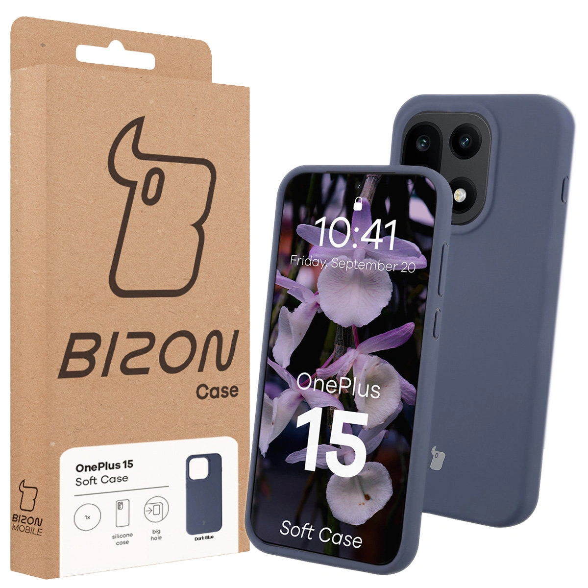 Przód pudełka Bizon Case z dedykowaną etykietą do OnePlus 15