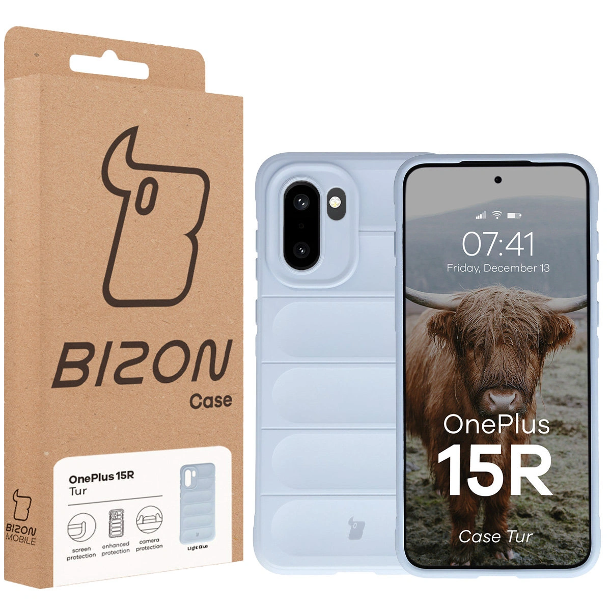 Przód pudełka Bizon Case z dedykowaną etykietą do OnePlus 15R