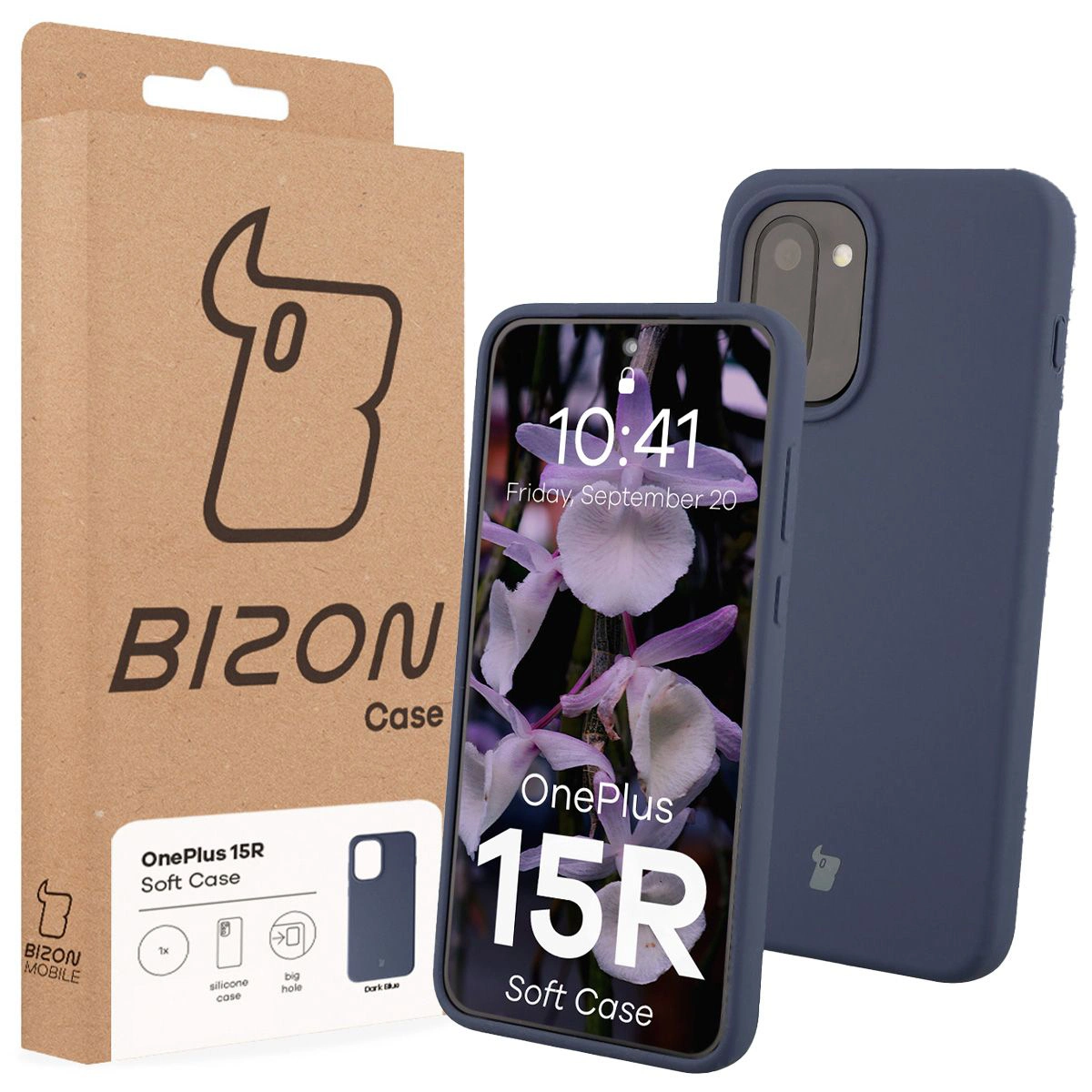 Przód pudełka Bizon Case z dedykowaną etykietą do OnePlus 15R