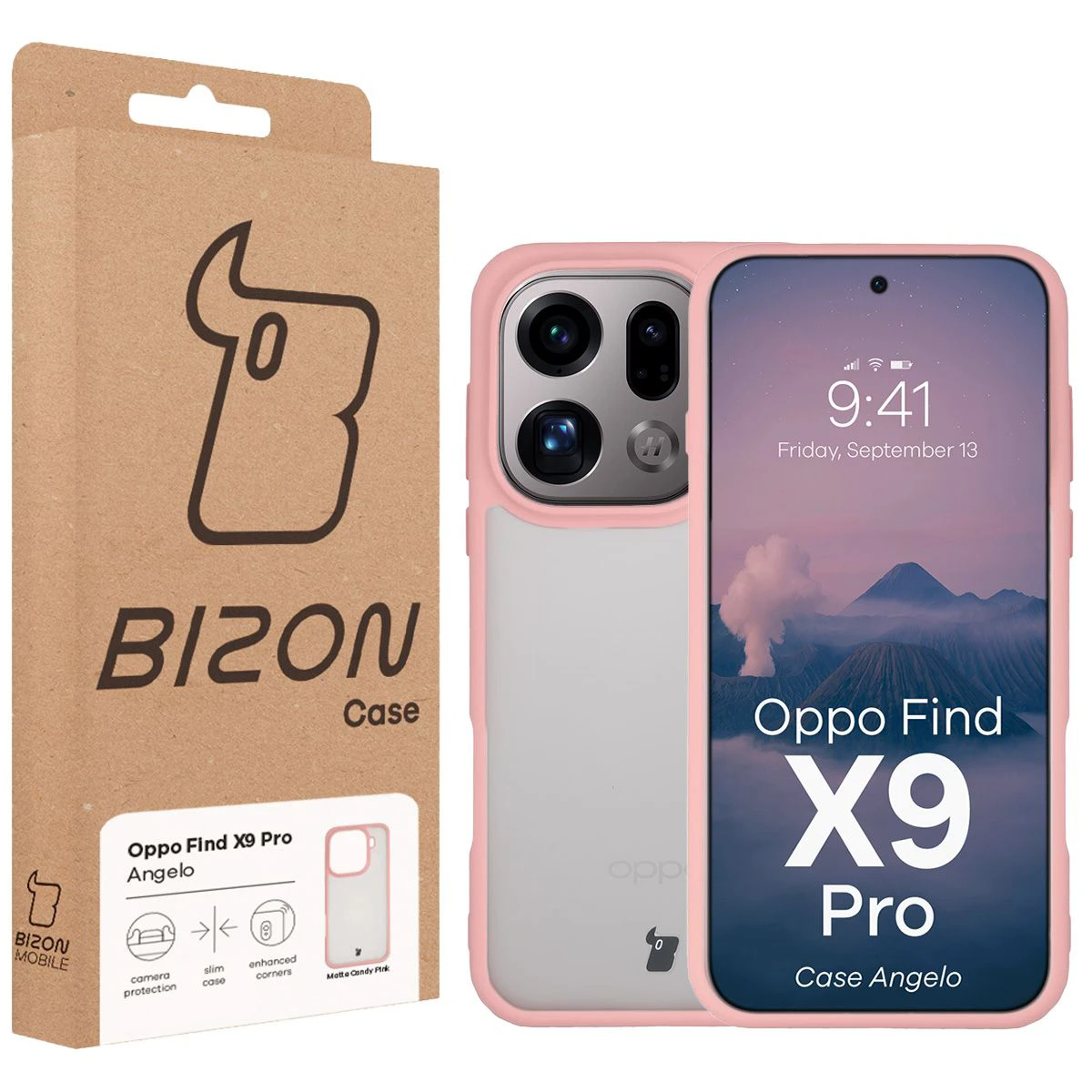 Przód pudełka Bizon Case z dedykowaną etykietą do Oppo Find X9 Pro