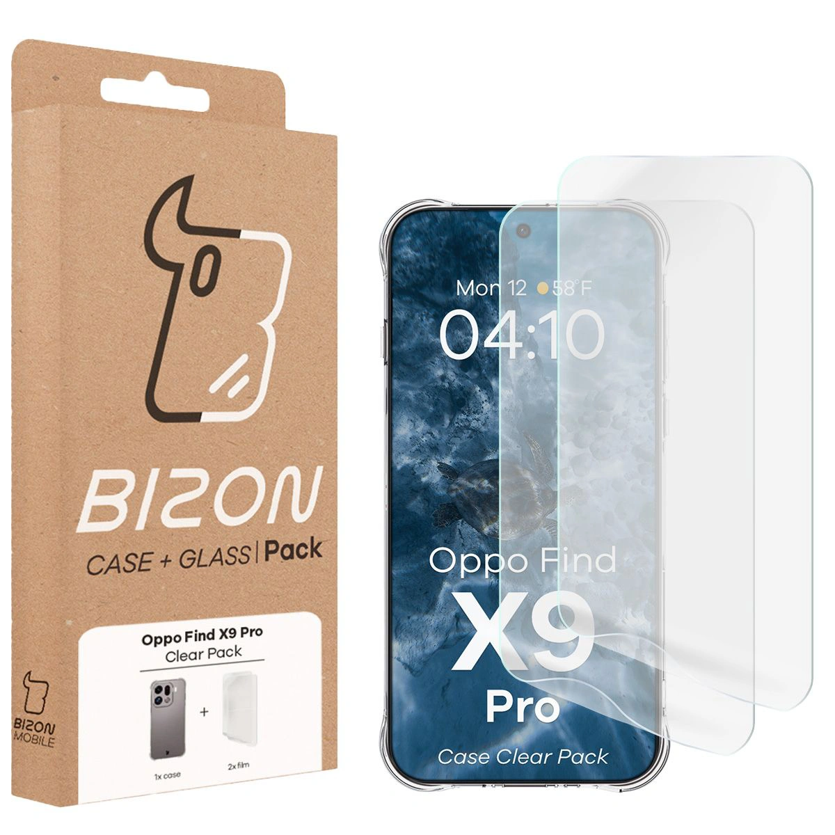 Przód pudełka Bizon Case+Glass z dedykowaną etykietą do Oppo Find X9 Pro