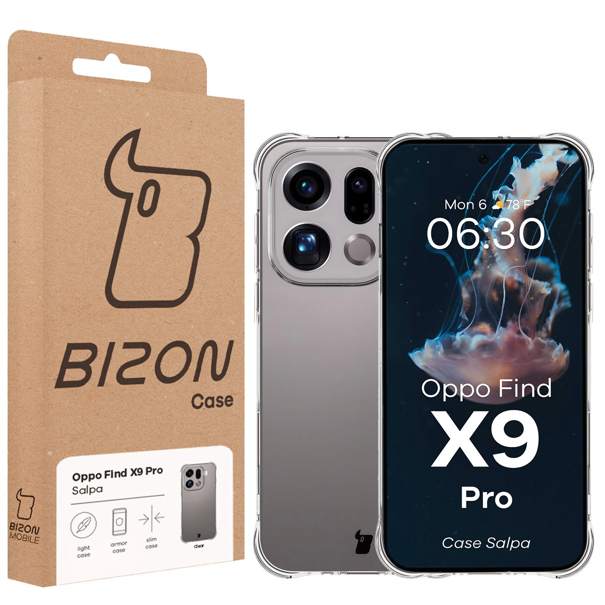 Przód pudełka Bizon Case z dedykowaną etykietą do Oppo Find X9 Pro