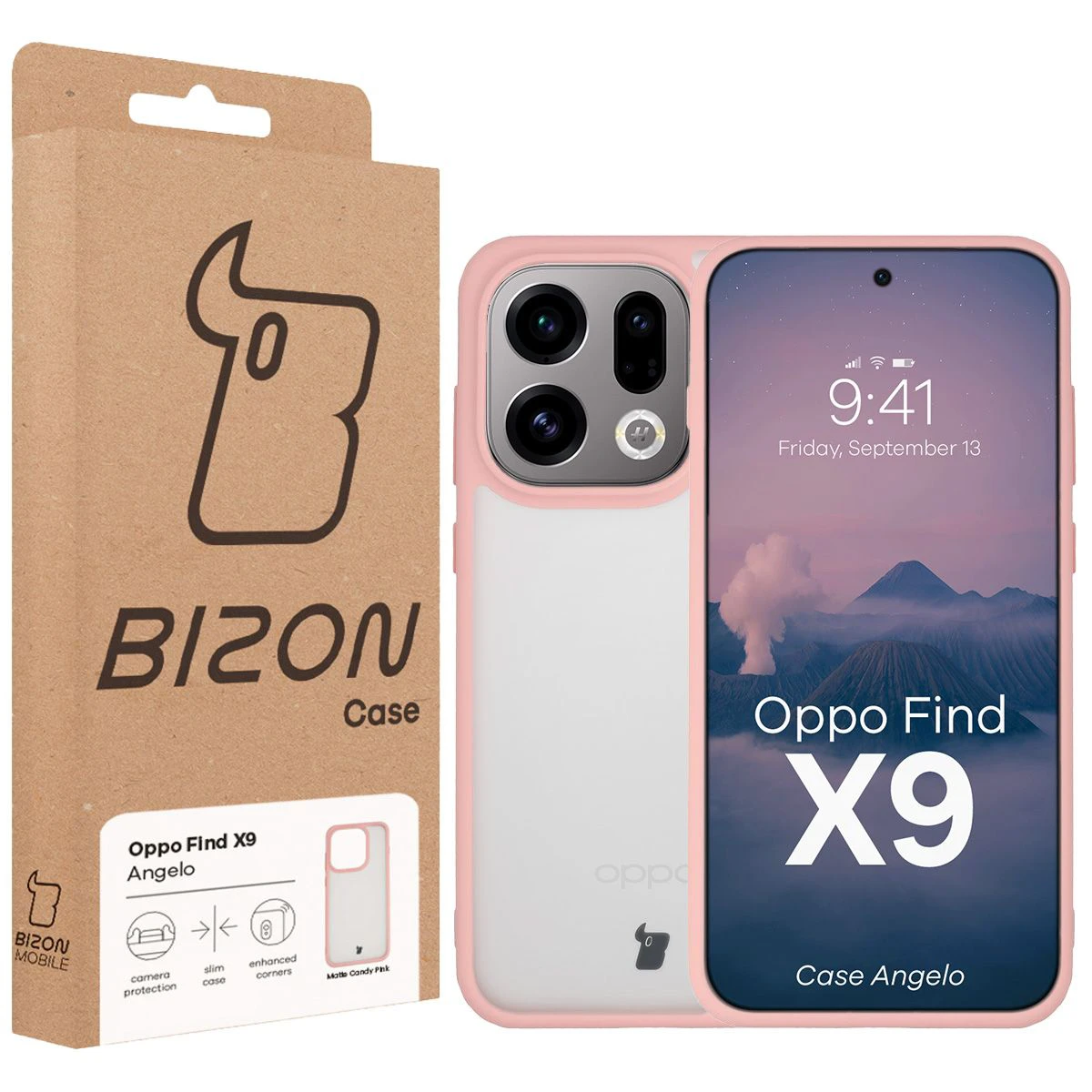 Przód pudełka Bizon Case z dedykowaną etykietą do Oppo Find X9