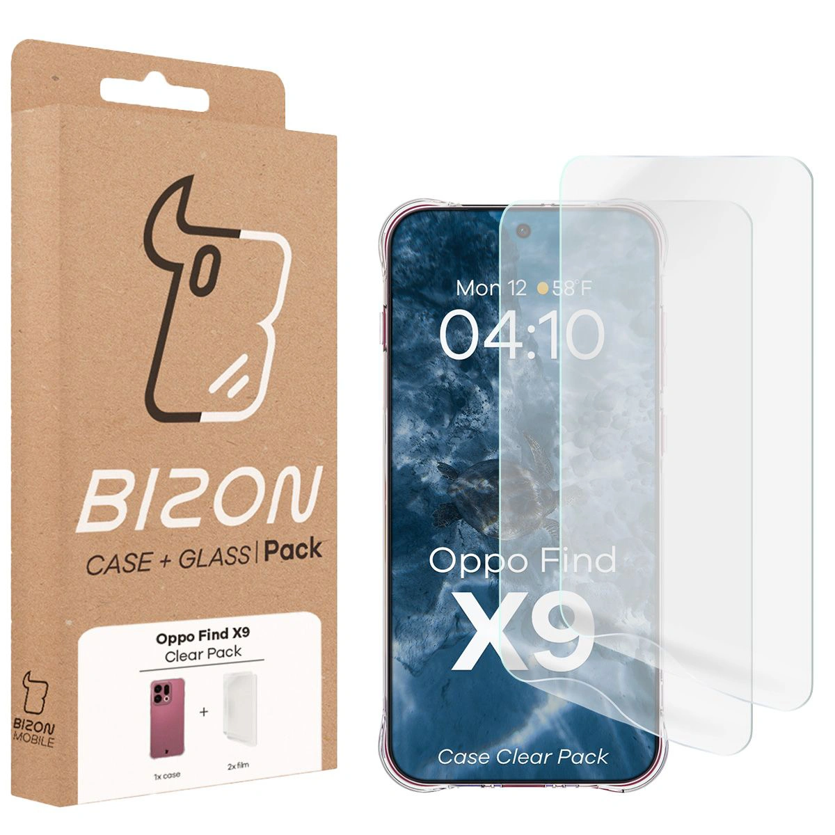 Przód pudełka Bizon Case+Glass z dedykowaną etykietą do Oppo Find X9