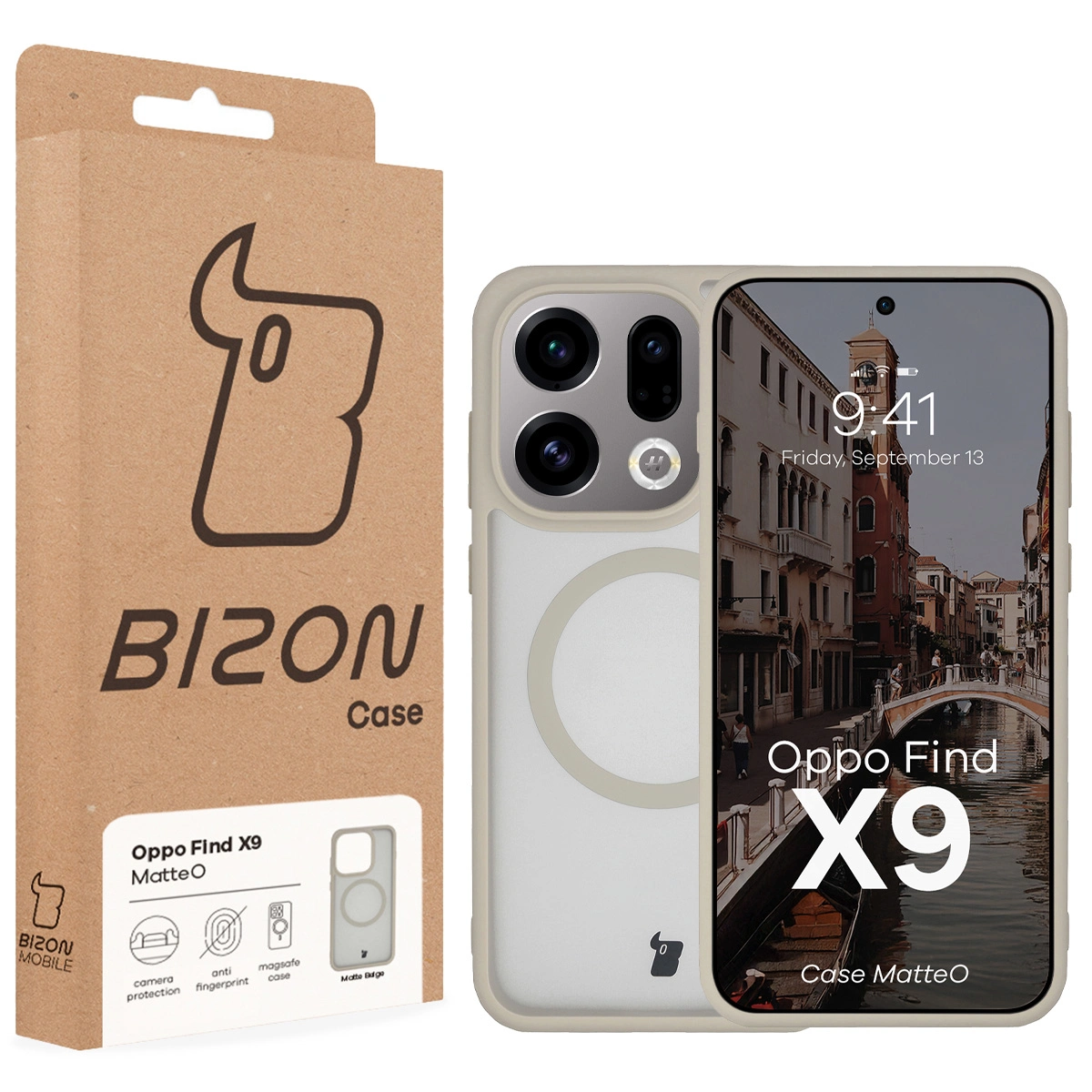 Przód pudełka Bizon Case z dedykowaną etykietą do Oppo Find X9