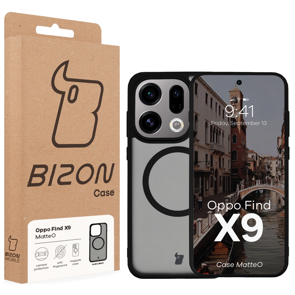 Przód pudełka Bizon Case z dedykowaną etykietą do Oppo Find X9