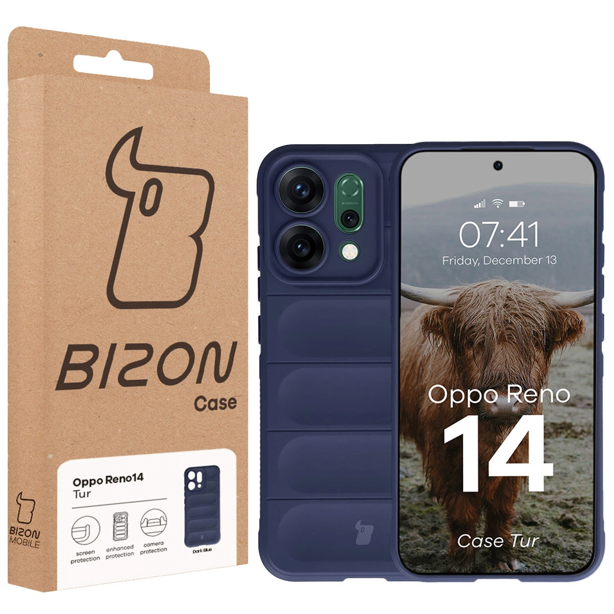 Przód pudełka Bizon Case z dedykowaną etykietą do Oppo Reno 14