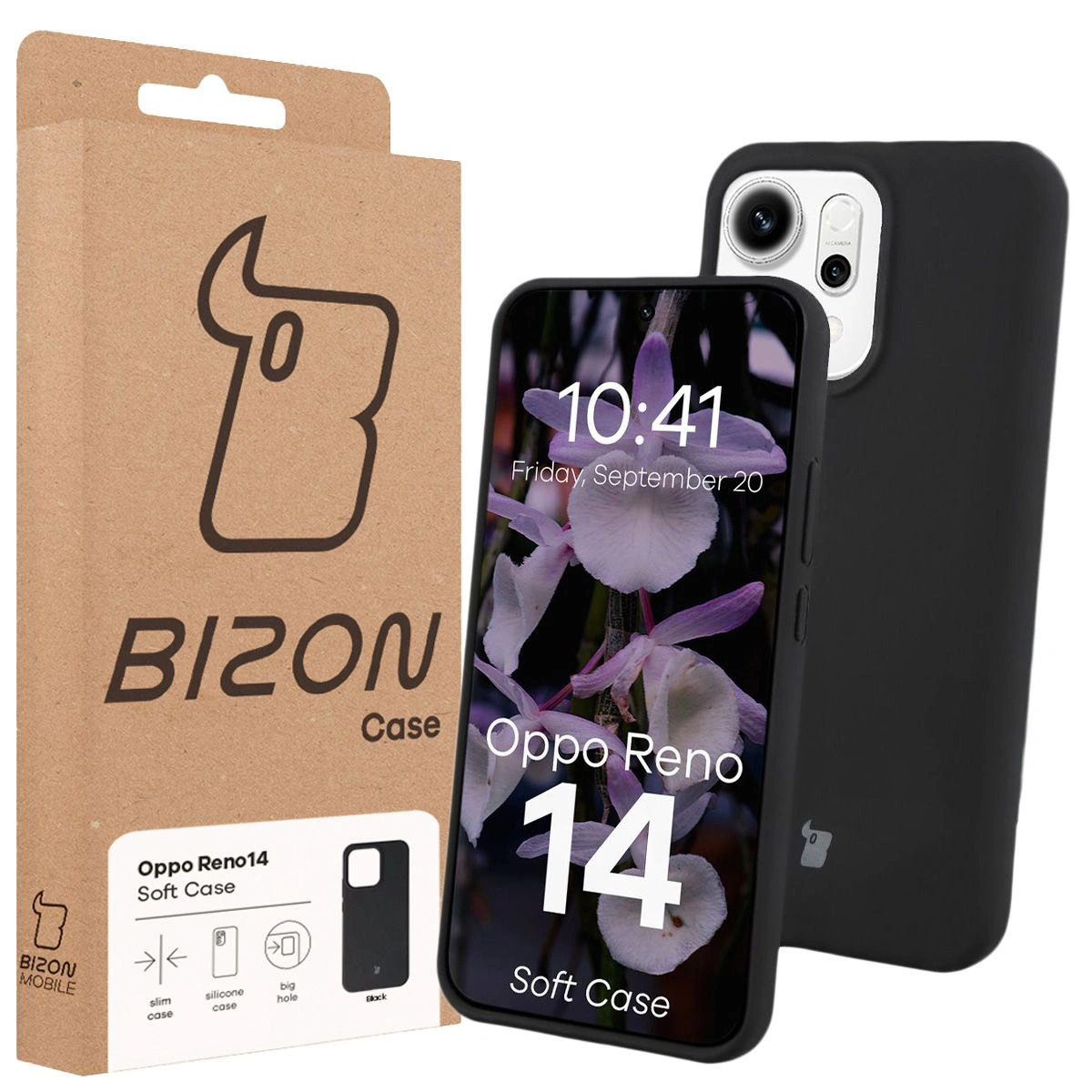 Przód pudełka Bizon Case z dedykowaną etykietą do Oppo Reno 14