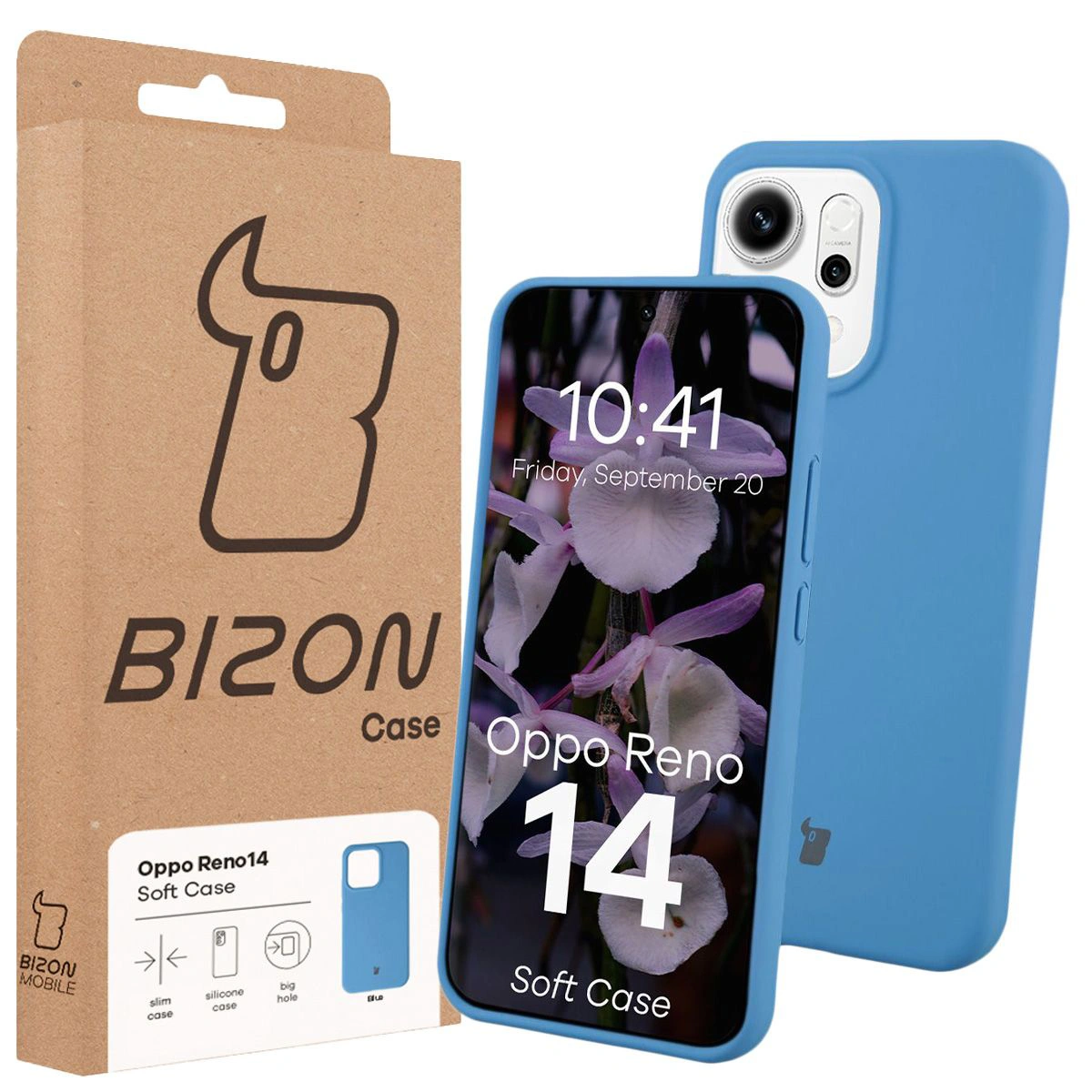 Przód pudełka Bizon Case z dedykowaną etykietą do Oppo Reno 14