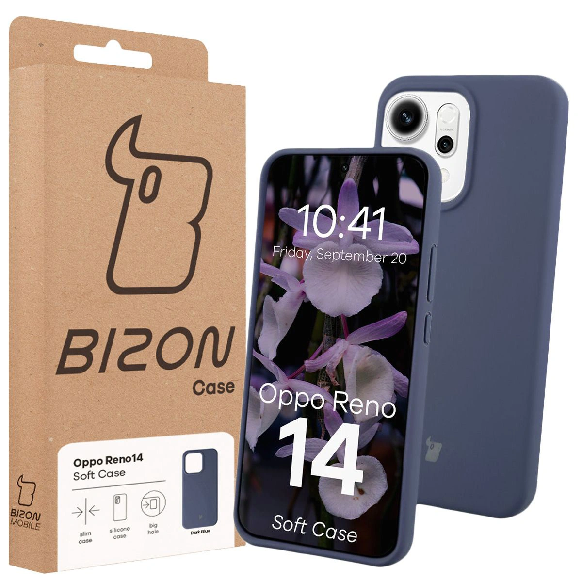 Przód pudełka Bizon Case z dedykowaną etykietą do Oppo Reno 14