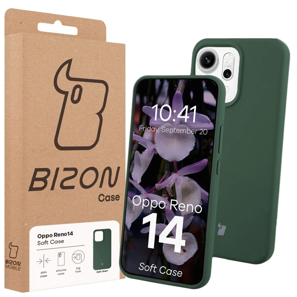 Przód pudełka Bizon Case z dedykowaną etykietą do Oppo Reno 14