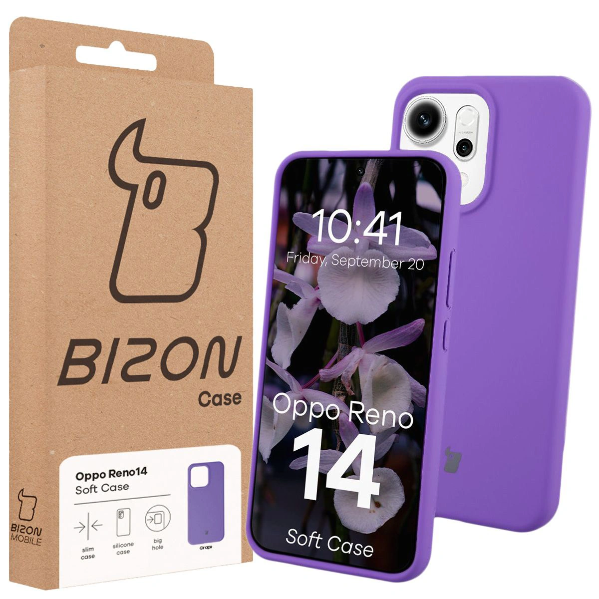 Przód pudełka Bizon Case z dedykowaną etykietą do Oppo Reno 14