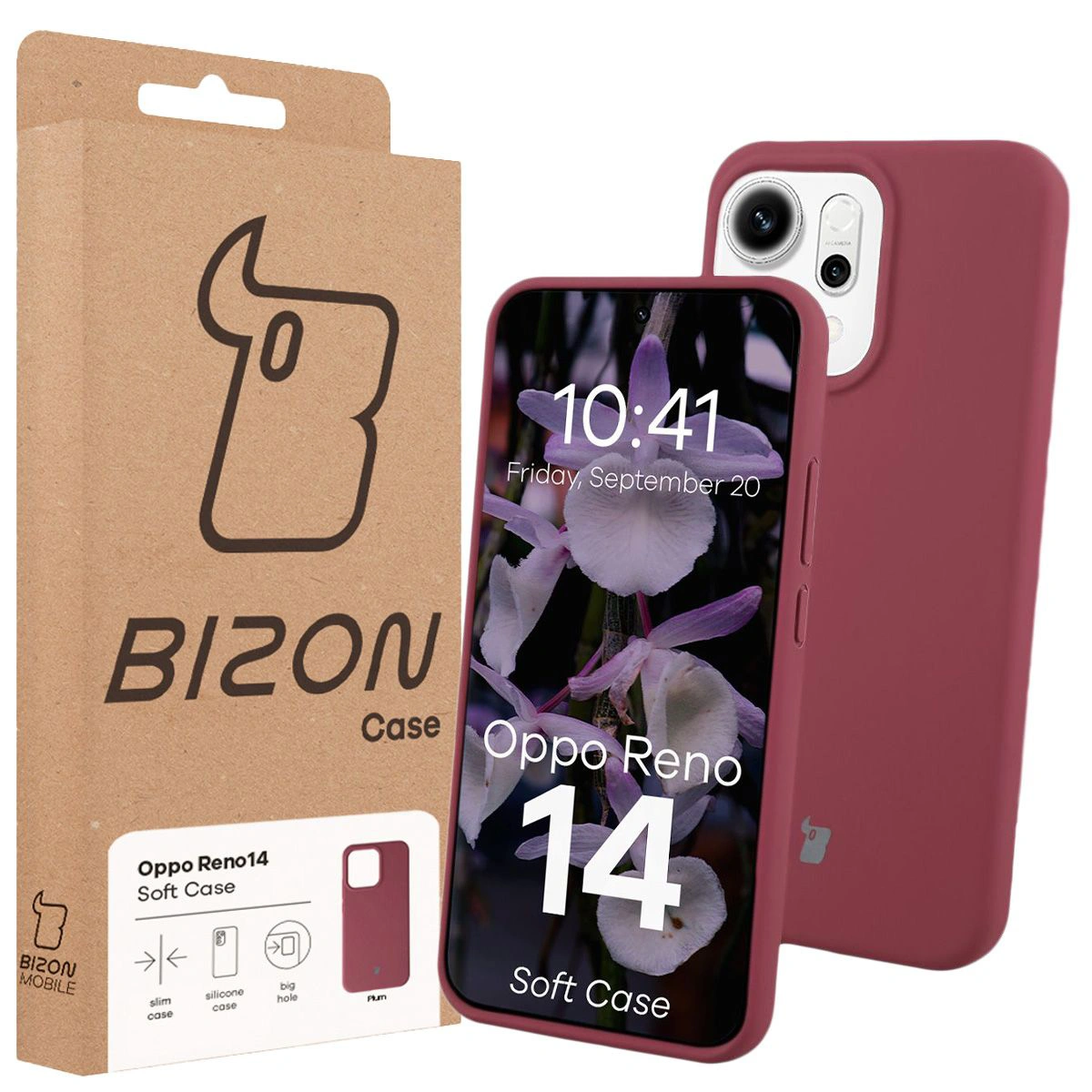 Przód pudełka Bizon Case z dedykowaną etykietą do Oppo Reno 14