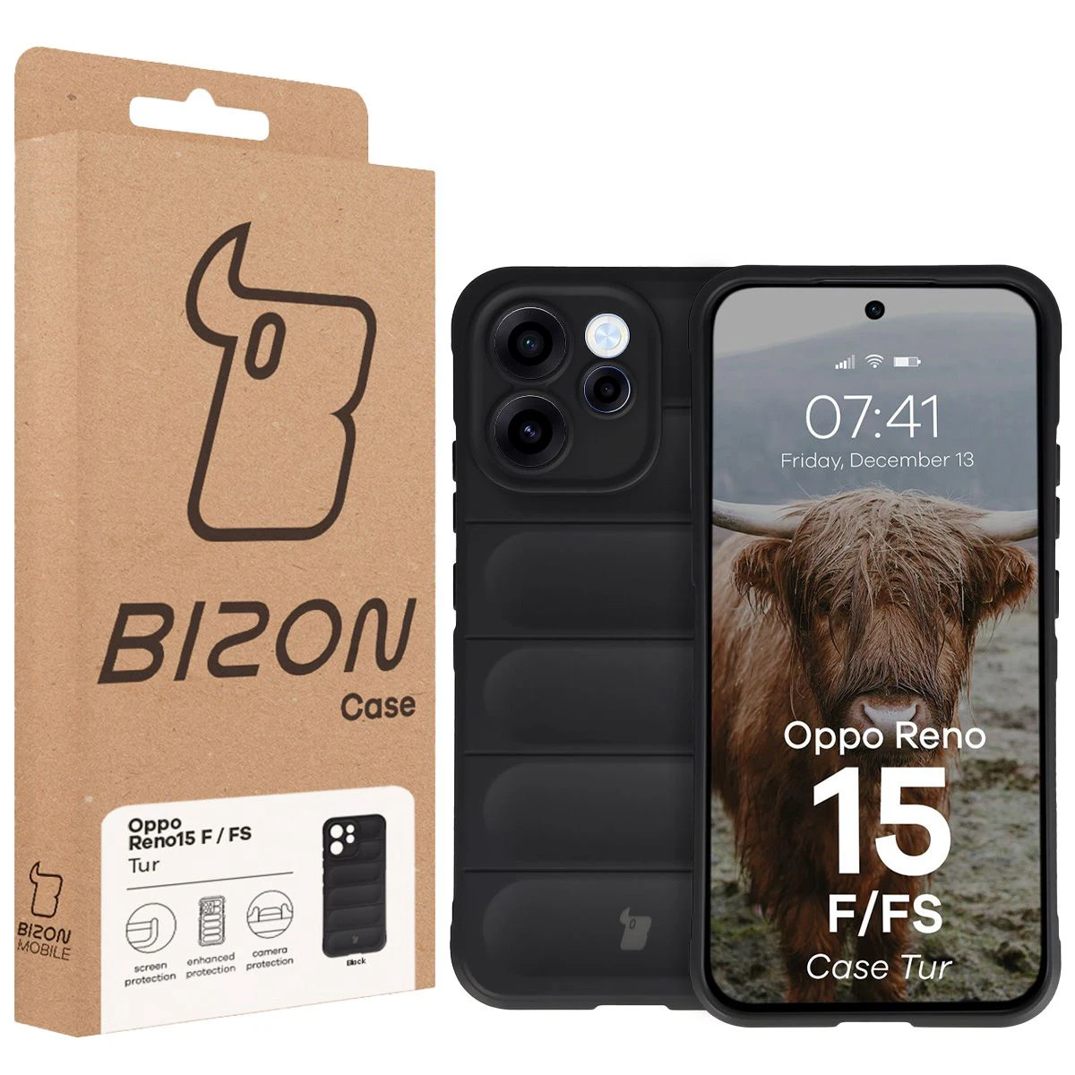 Przód pudełka Bizon Case z dedykowaną etykietą do Oppo Reno 15 F / Oppo Reno 15 FS