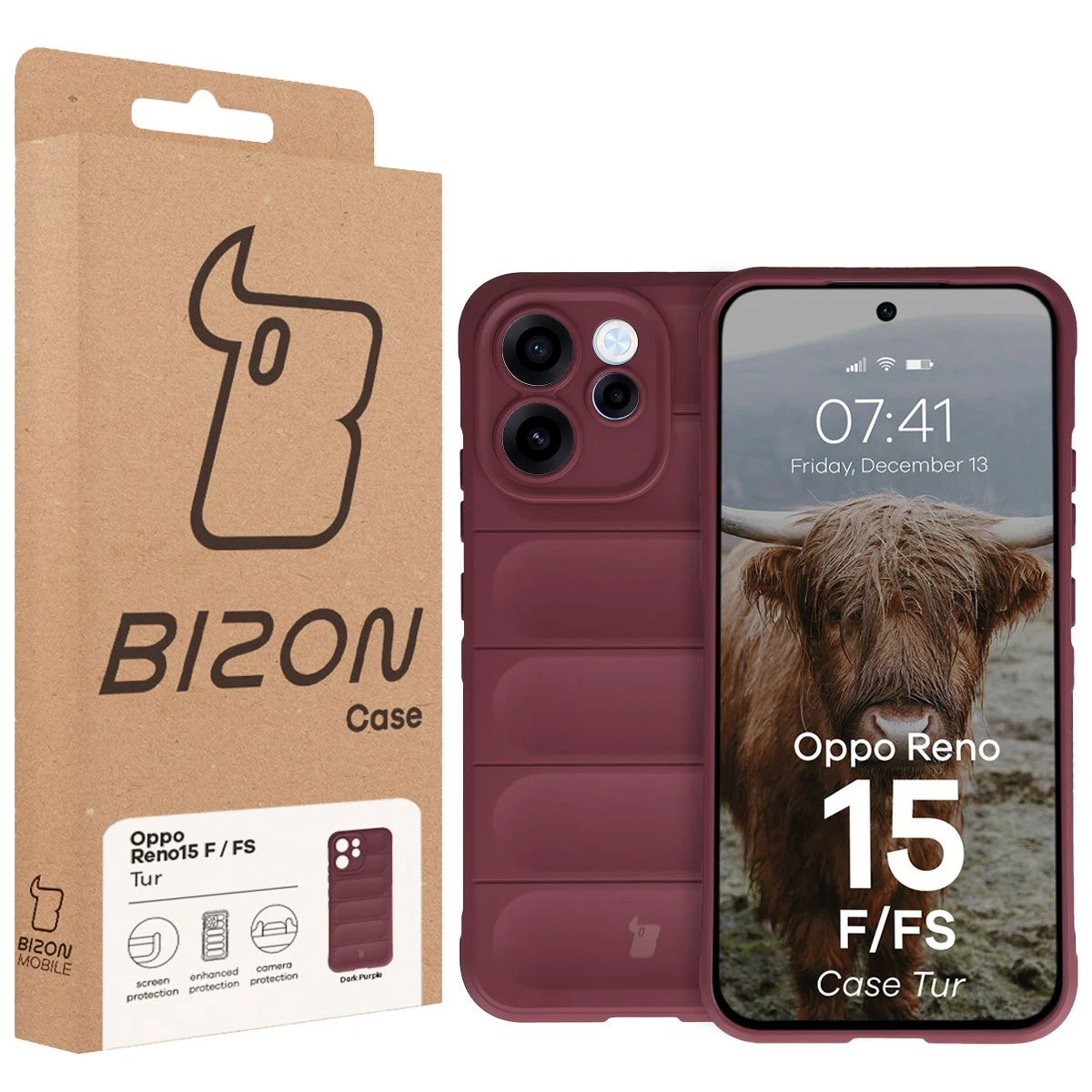 Przód pudełka Bizon Case z dedykowaną etykietą do Oppo Reno 15 F / Oppo Reno 15 FS