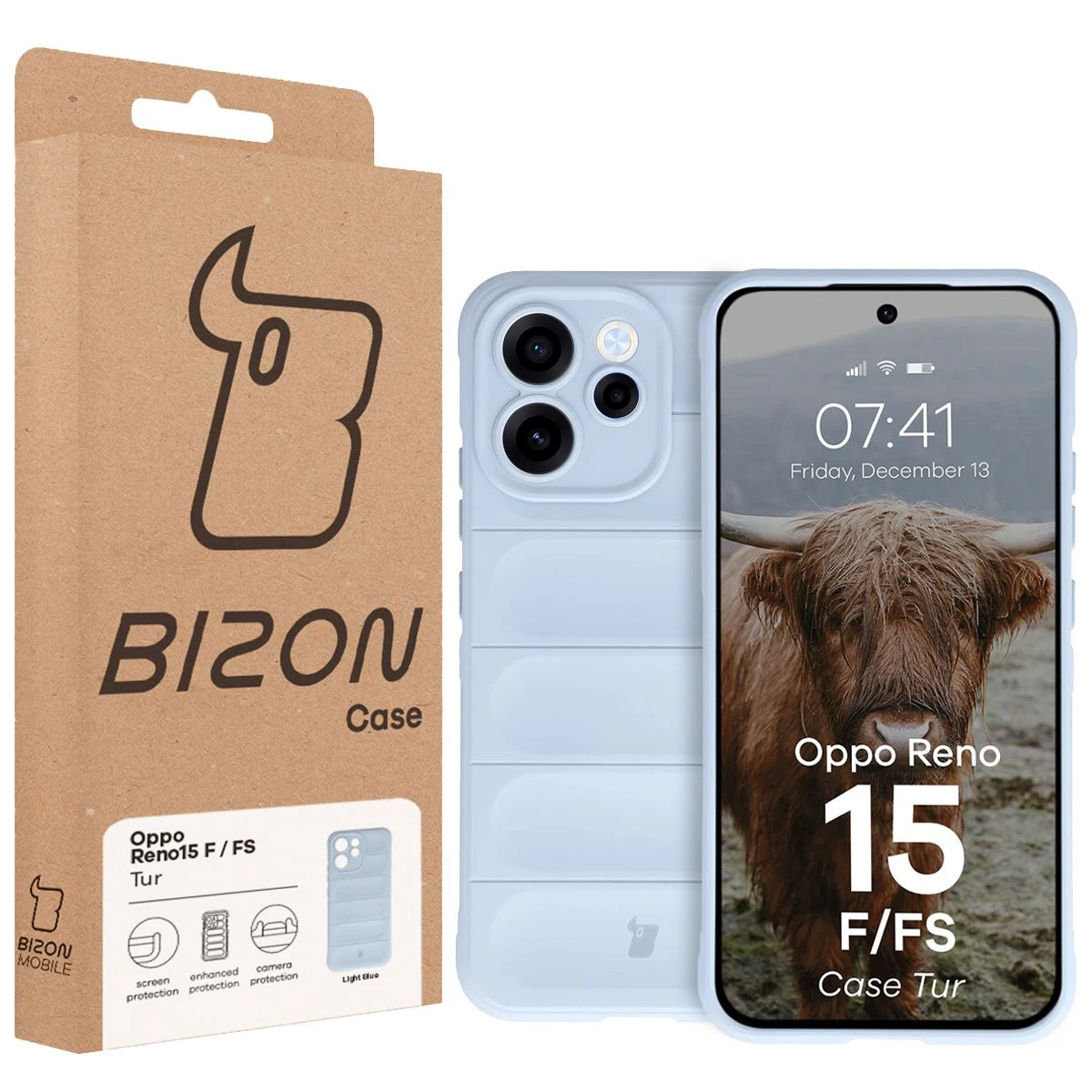 Przód pudełka Bizon Case z dedykowaną etykietą do Oppo Reno 15 F / Oppo Reno 15 FS