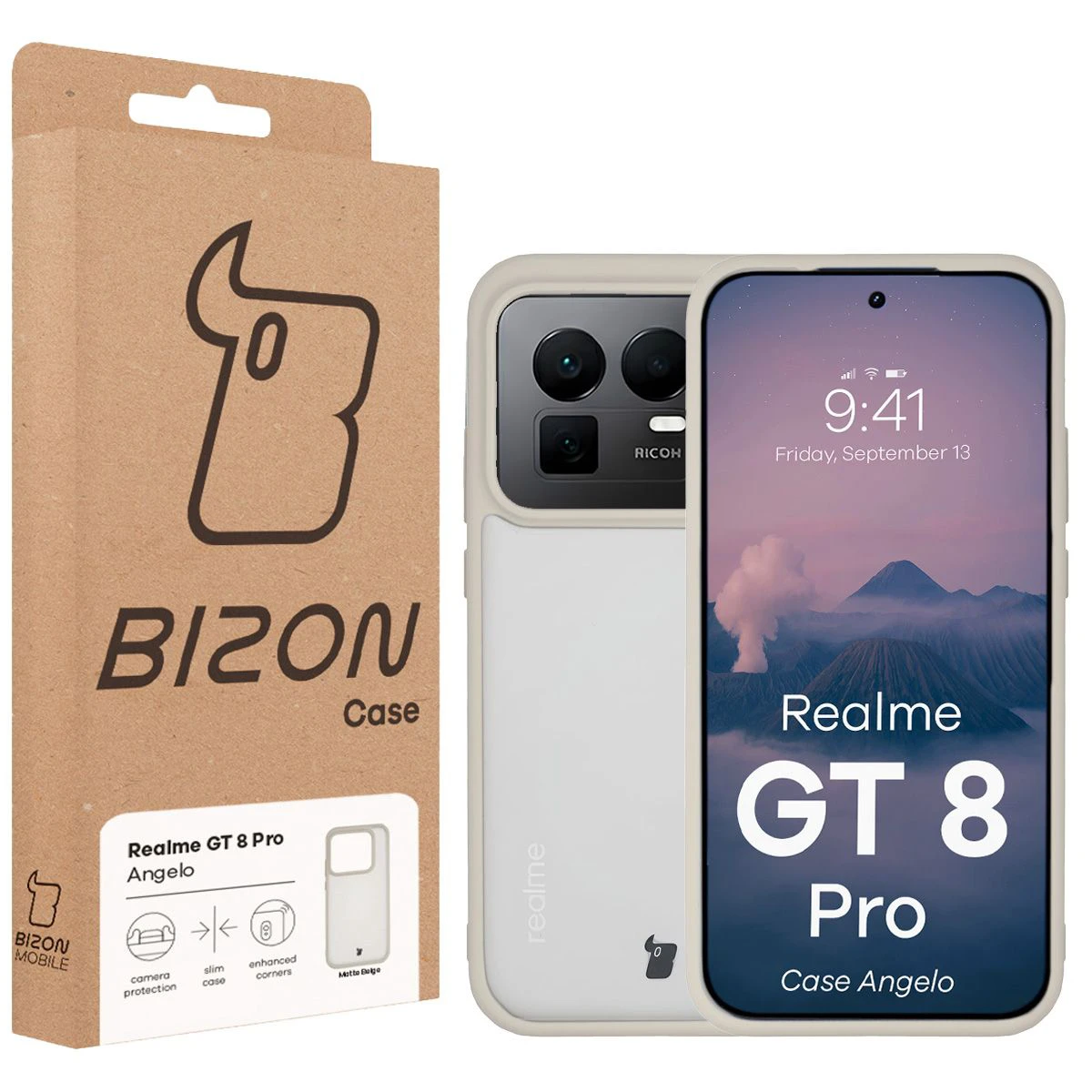 Przód pudełka Bizon Case z dedykowaną etykietą do Realme GT 8 Pro