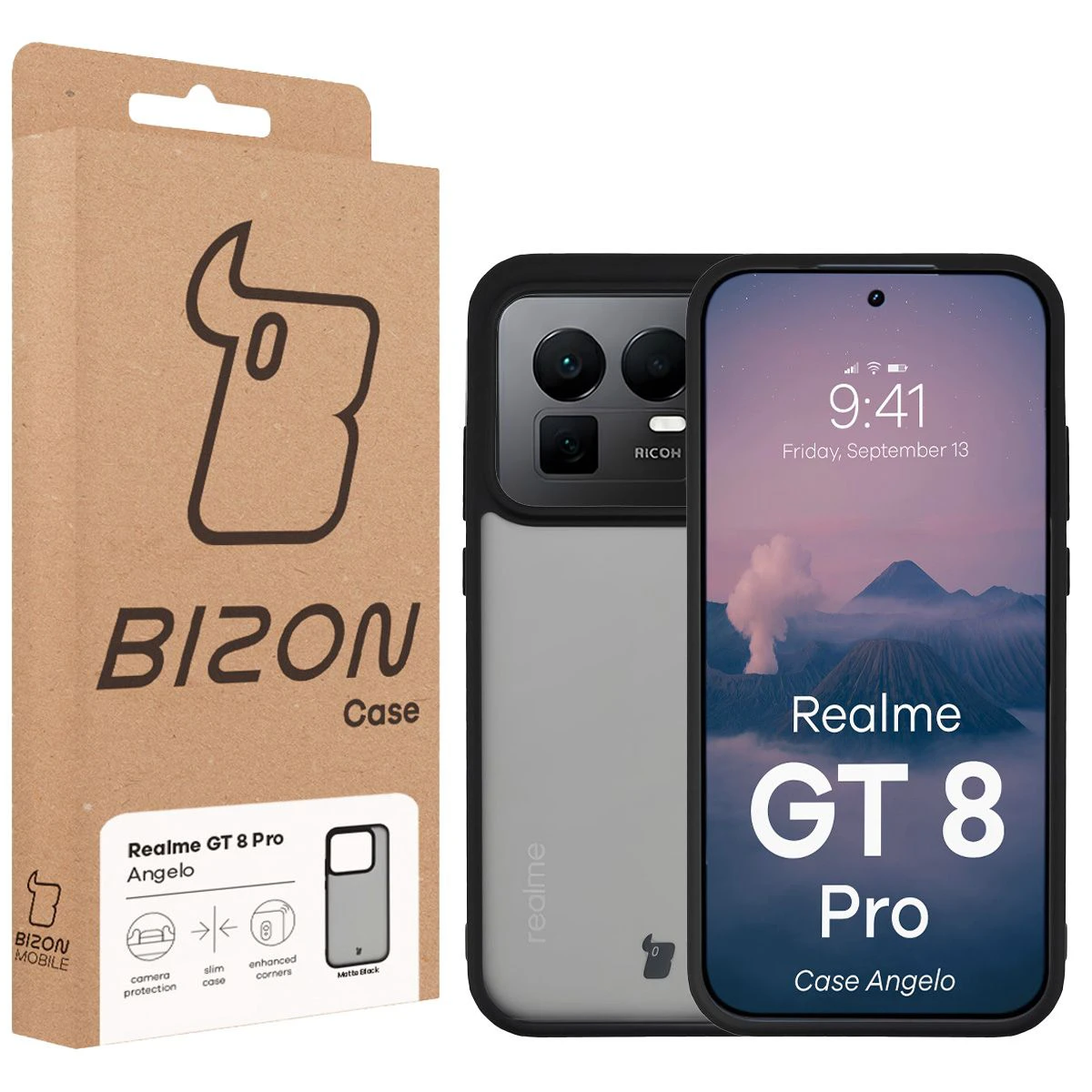 Przód pudełka Bizon Case z dedykowaną etykietą do Realme GT 8 Pro